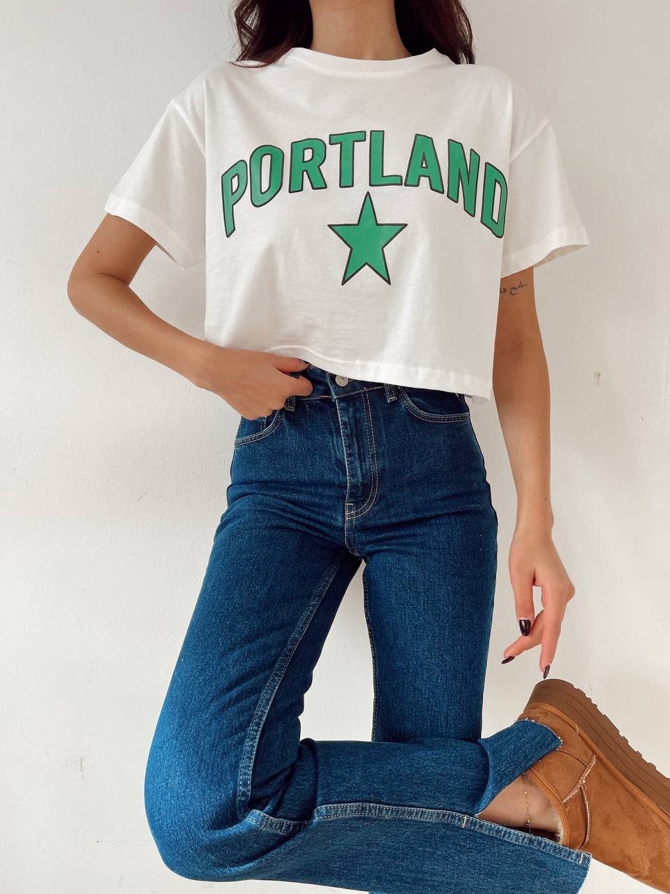 PORTLAND BASKILI CROP T-SHİRT