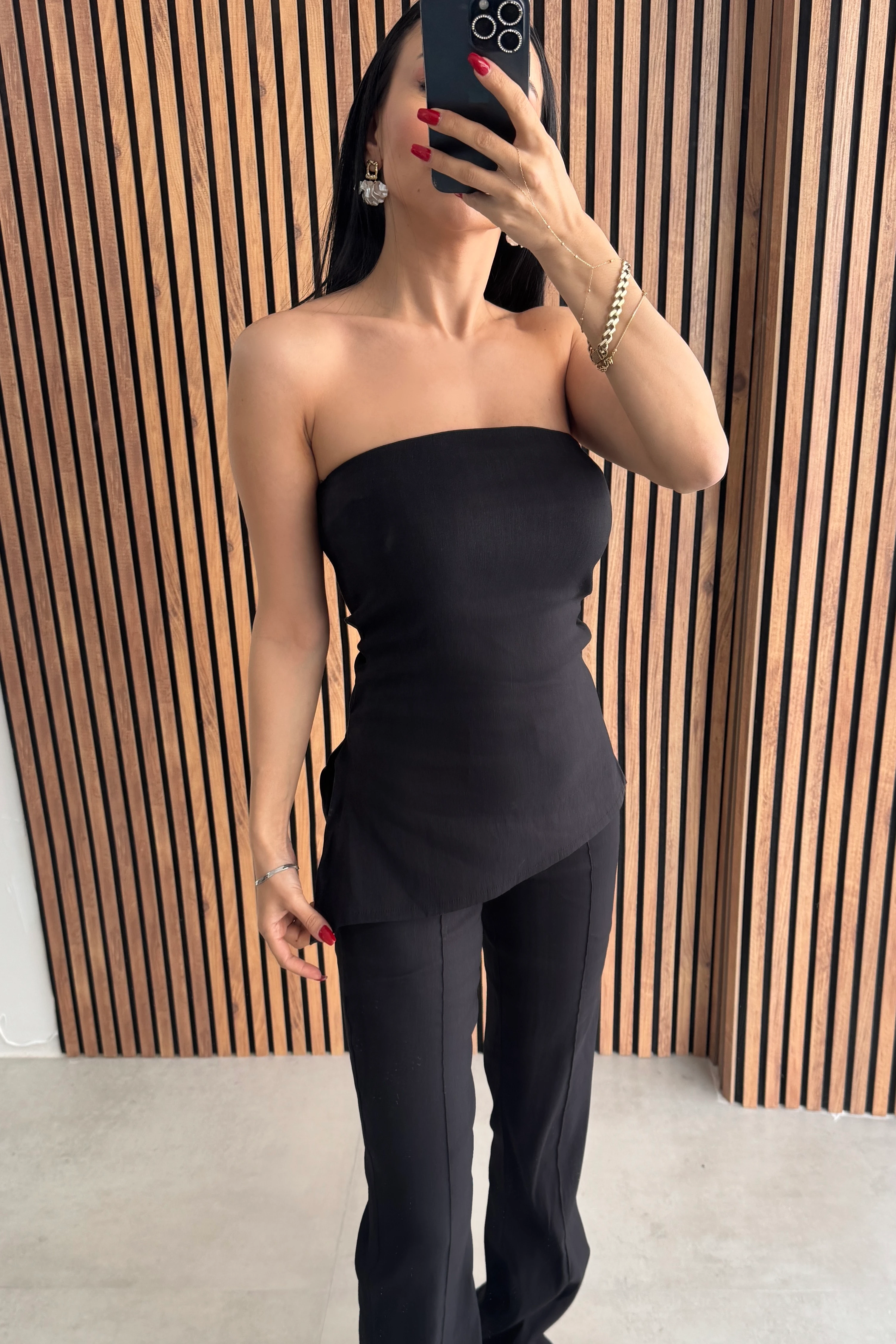 Orjinal Marka Likralı Straplez Bluz Pantolon Takım