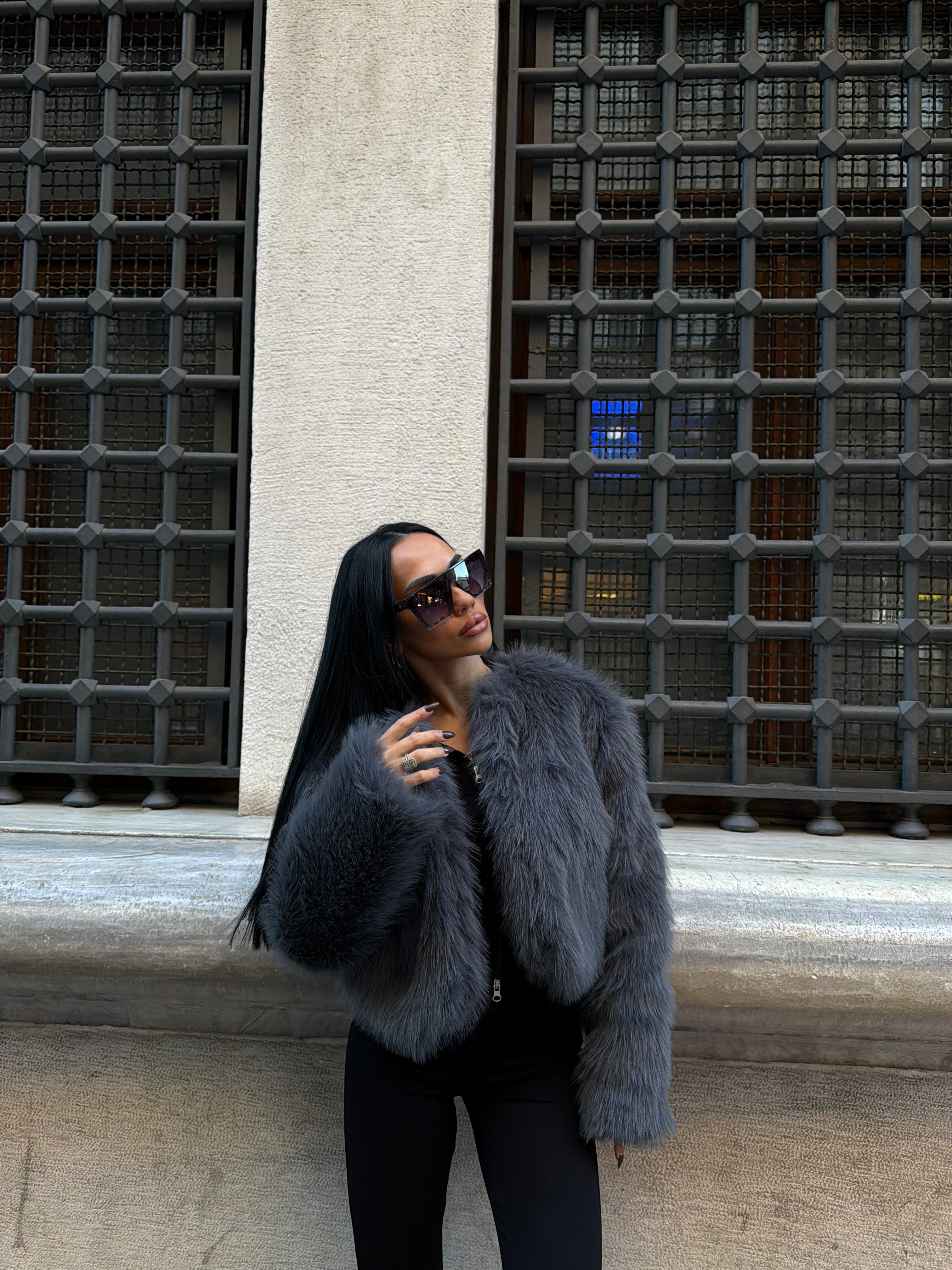 Premium Hacimli Kısa Kürk - Gri