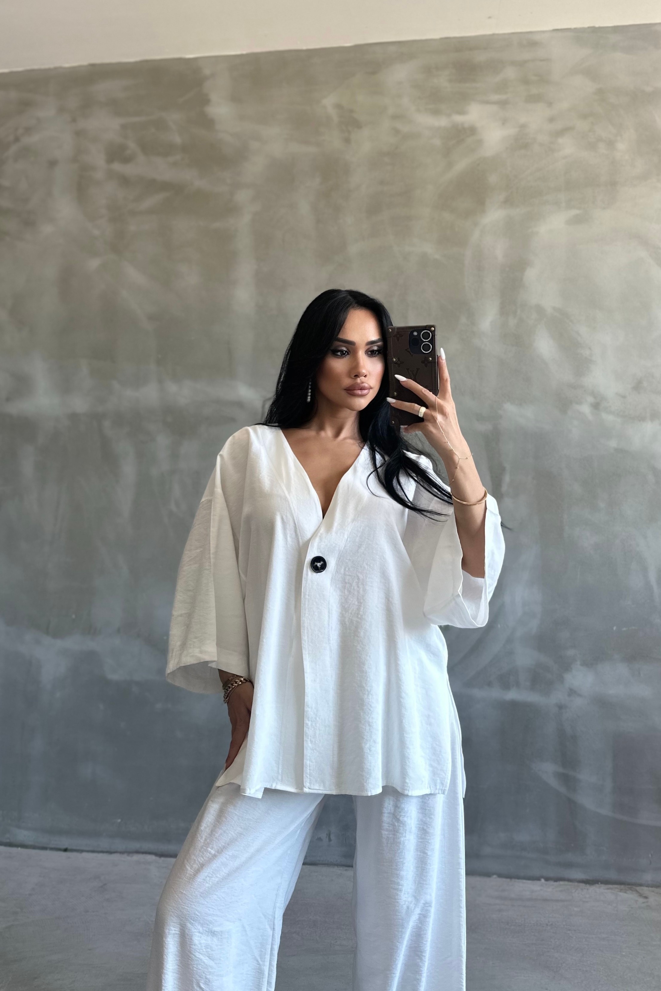 Premium Tensel Kumaş Oversize Takım - Beyaz