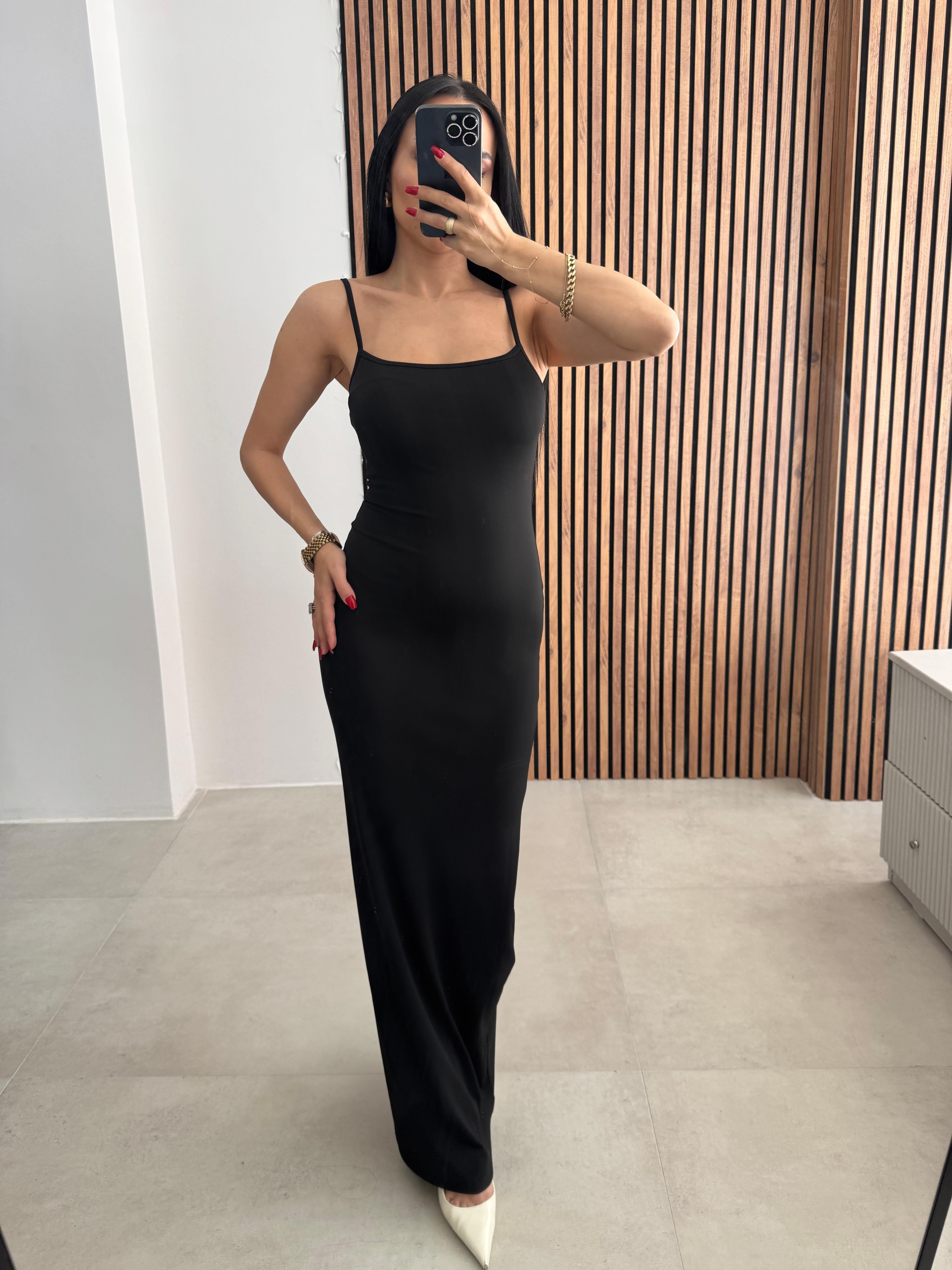 Bodycon Askılı Uzun Elbise - Siyah