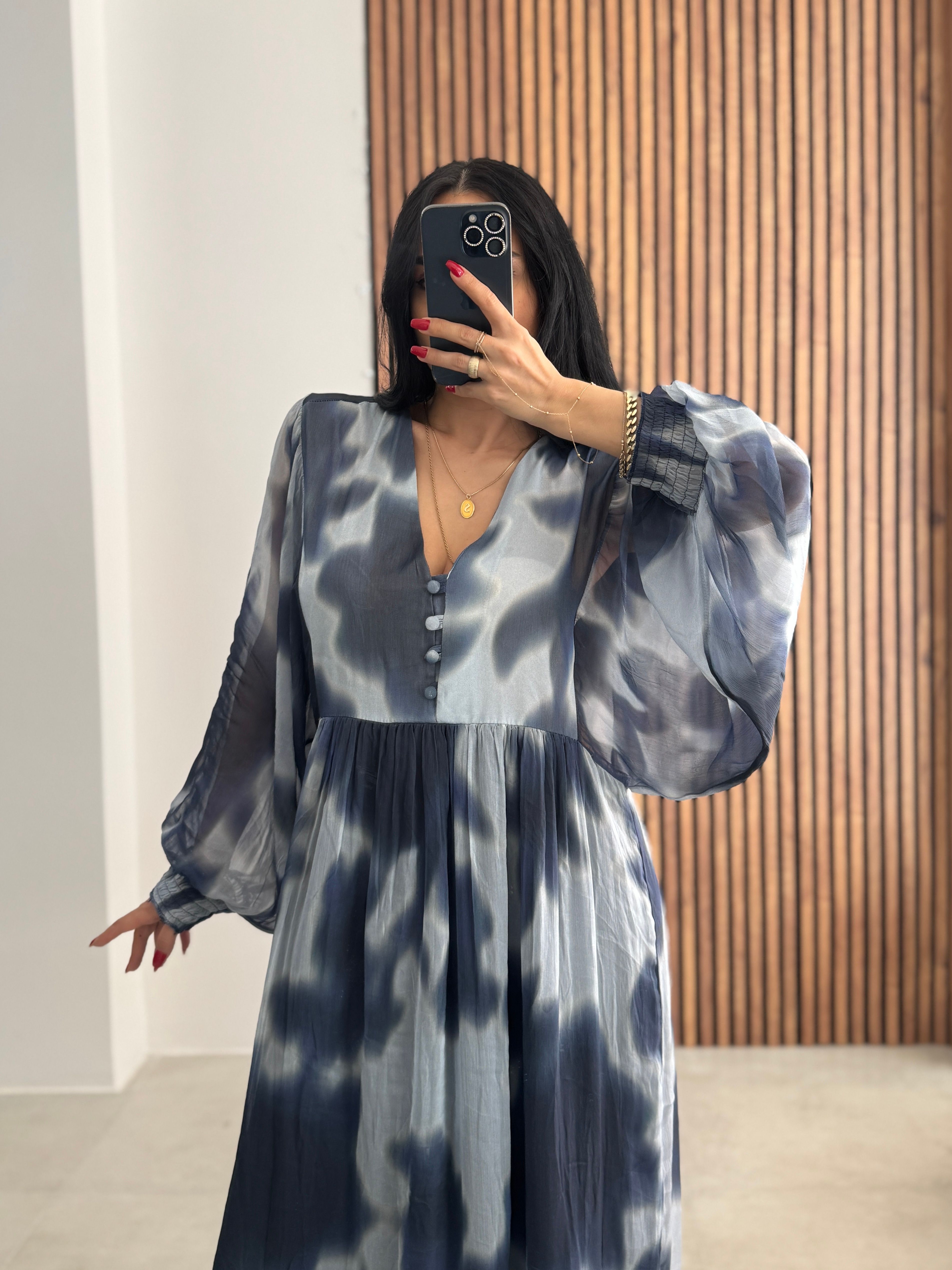Batik Desen Mavi Şifon Elbise