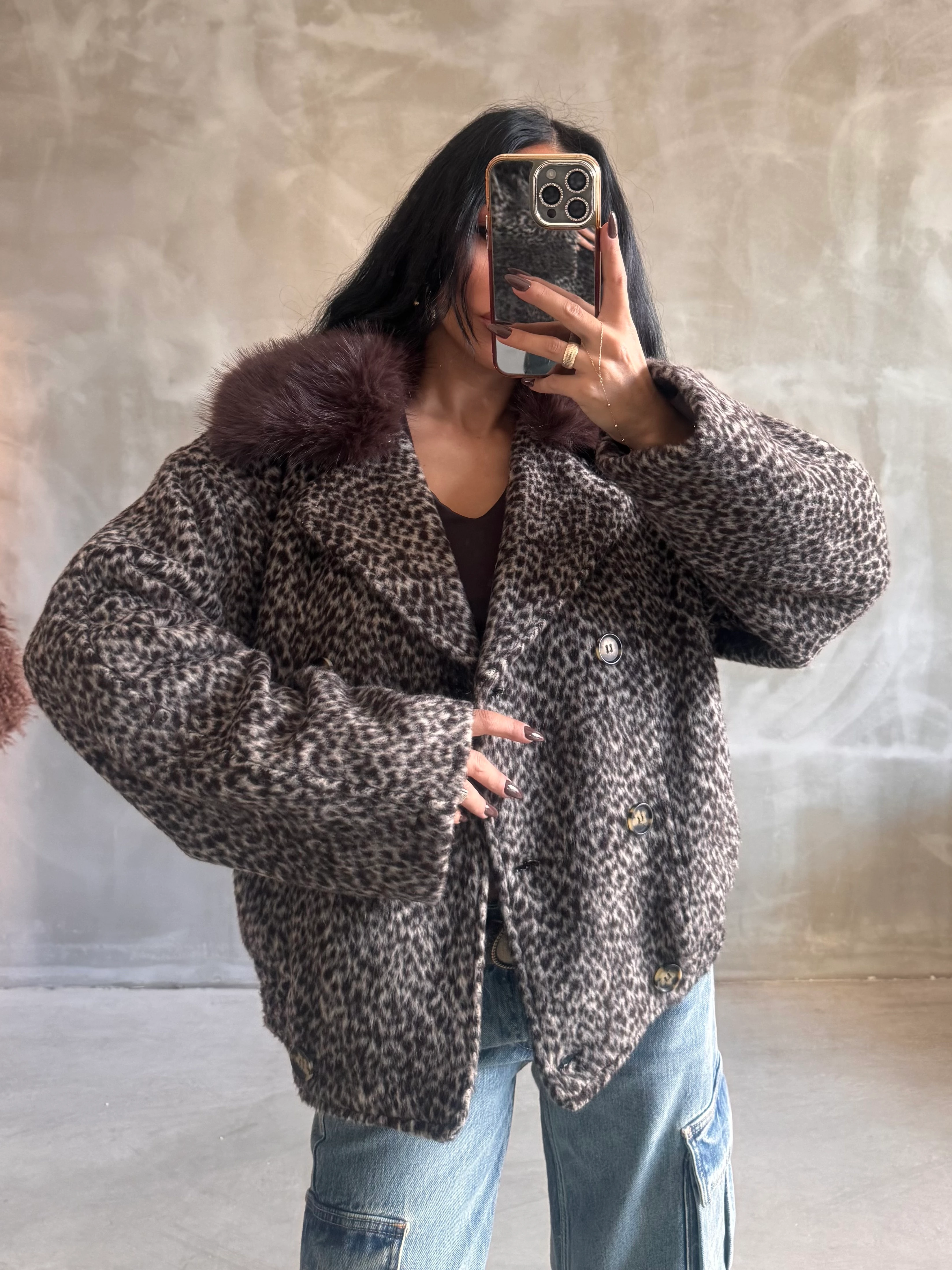 Kürk Yaka Desenli Kaban - Kahve