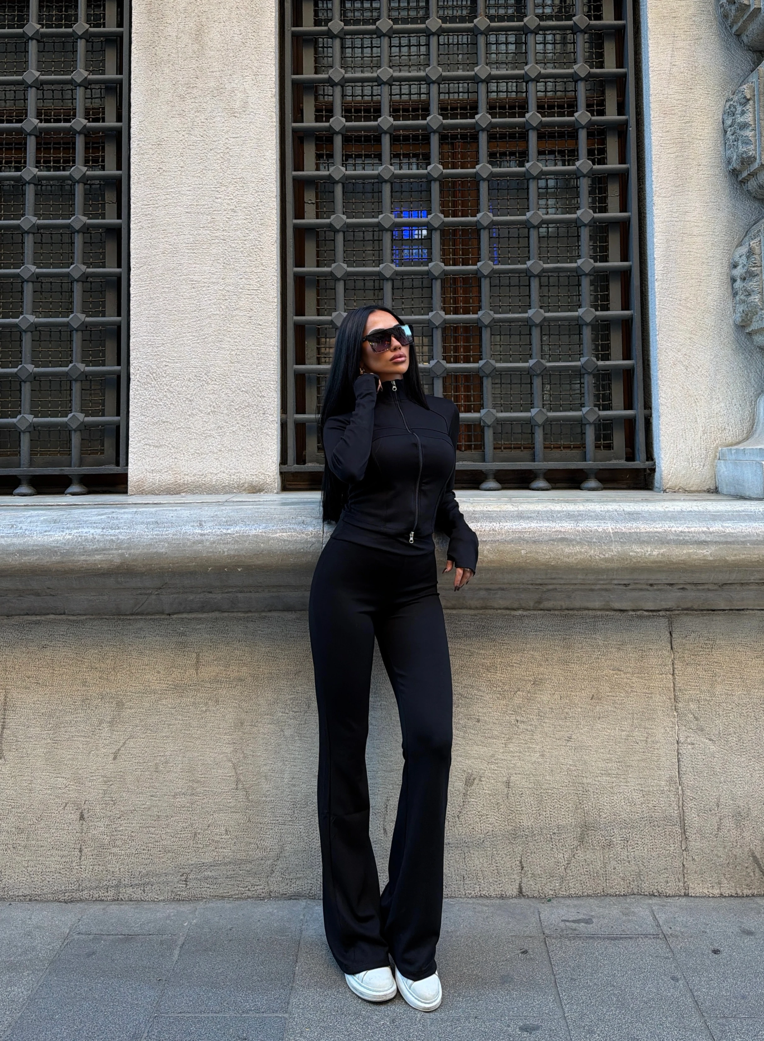 Deluxe Fermuarlı Ceket ve İspanyol Paça Tayt Pantolon Takım - Siyah