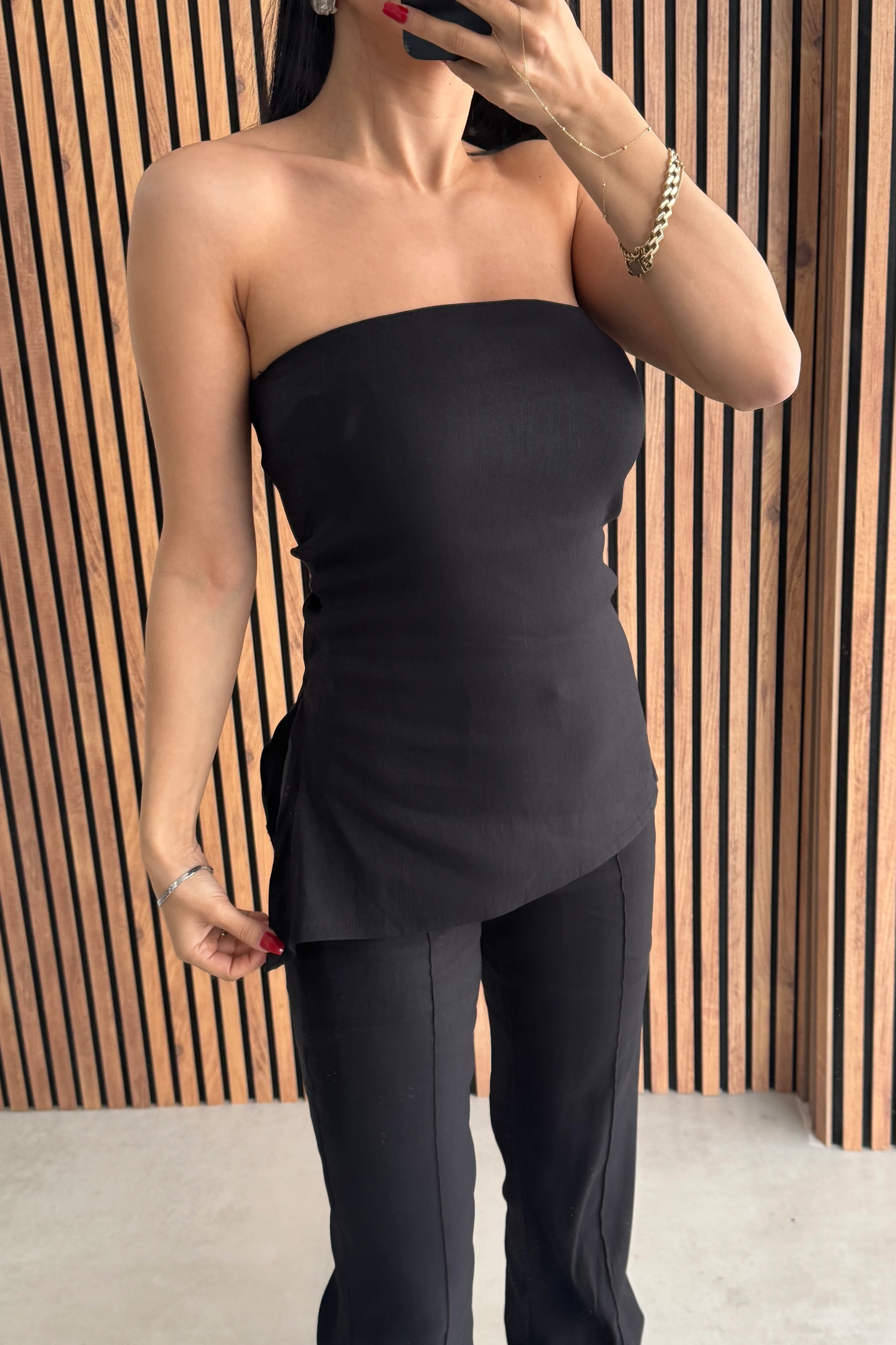 Orjinal Marka Likralı Straplez Bluz Pantolon Takım