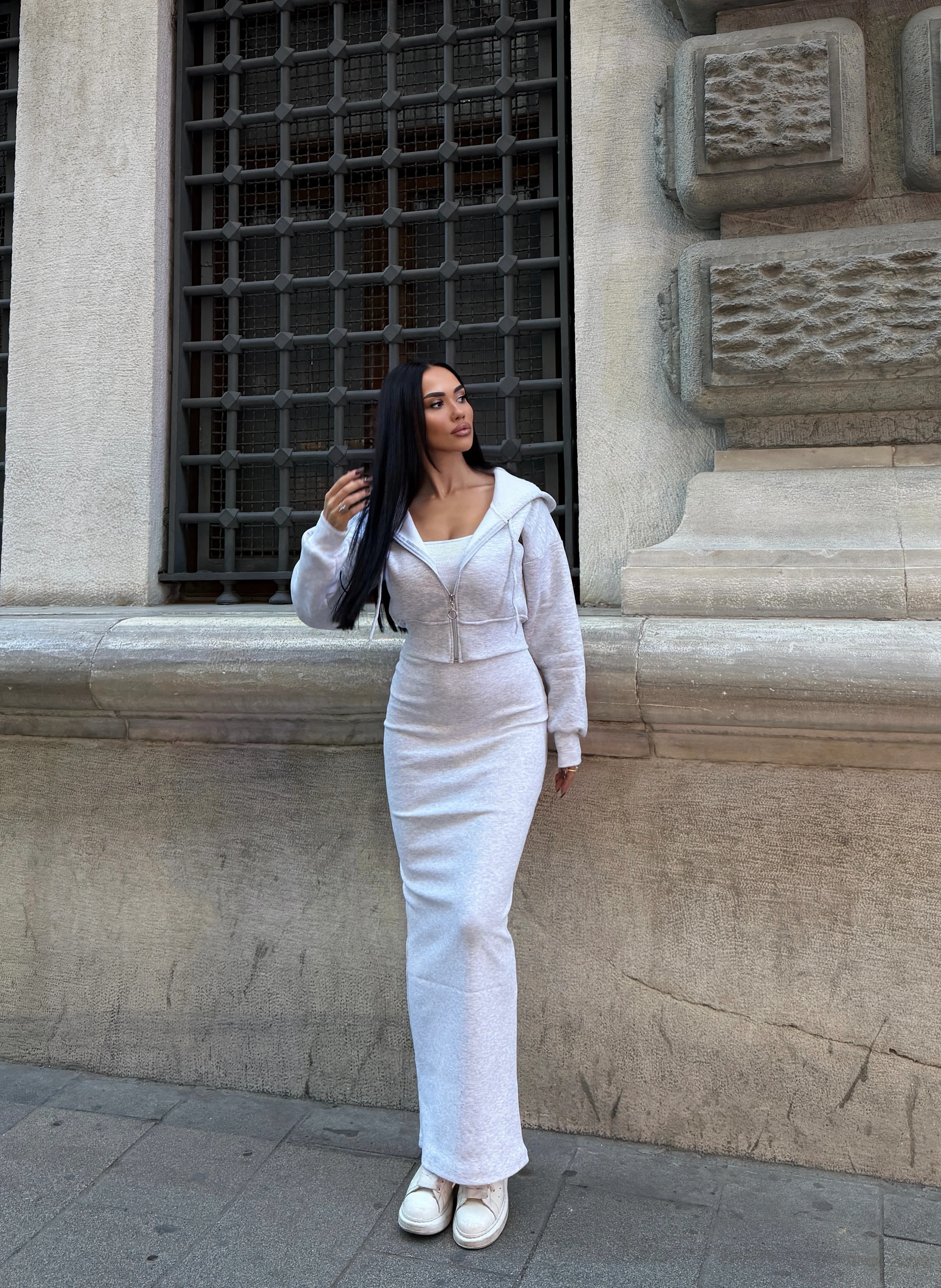 Sportif Fit Maxi Boy Hırka ve Elbise Takım - Gri