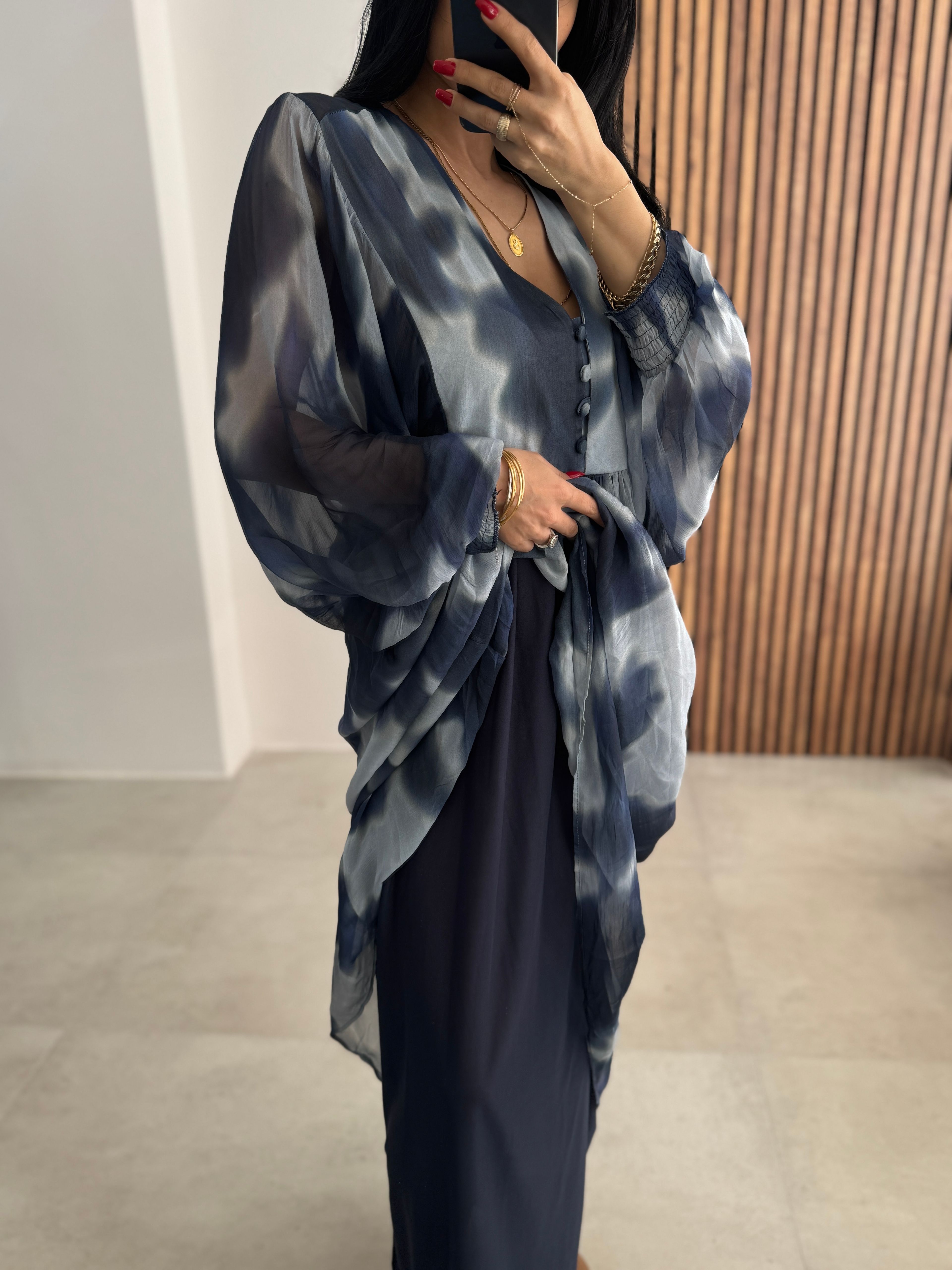 Batik Desen Mavi Şifon Elbise
