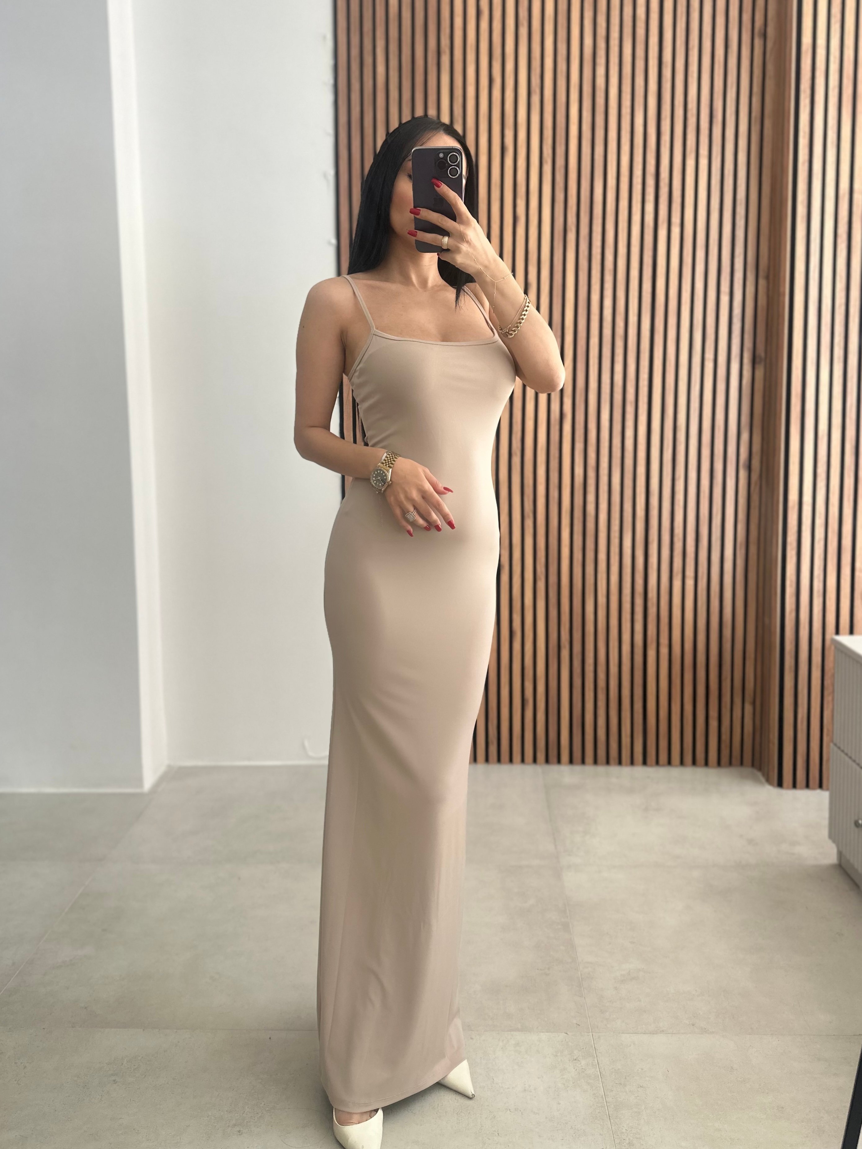 Bodycon Askılı Uzun Elbise - Bej