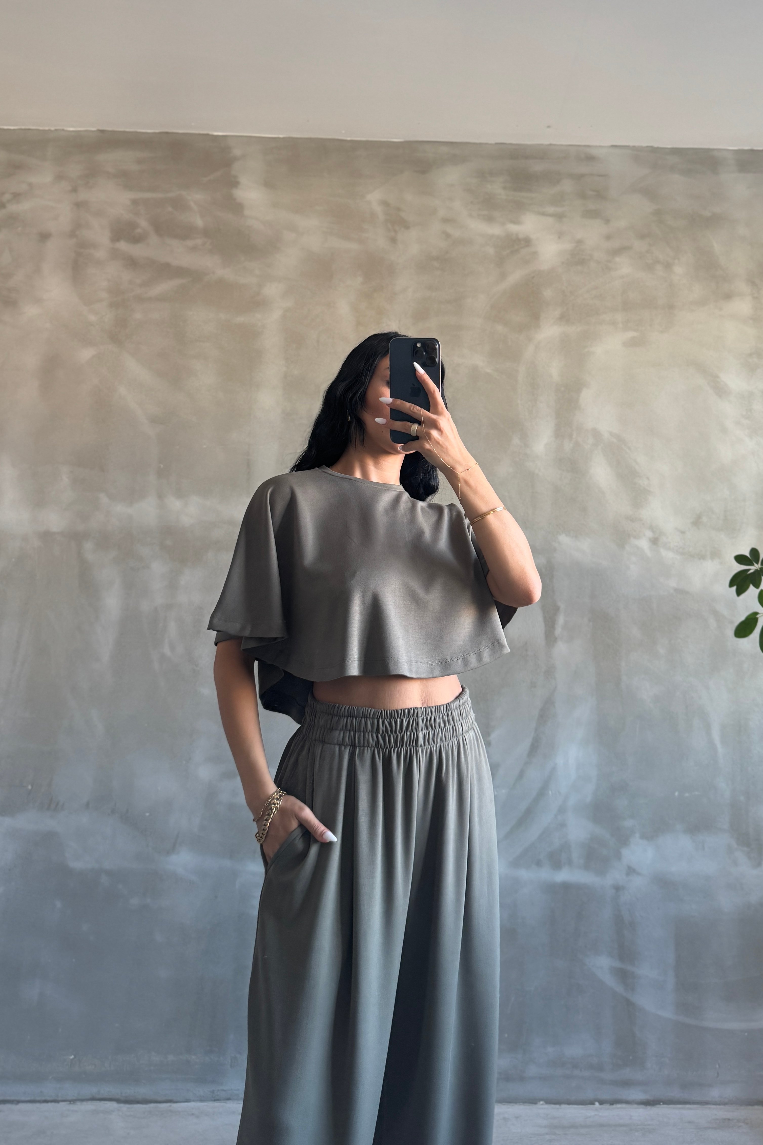 Modal Kumaş Crop Üst Bol Eşofman Takım