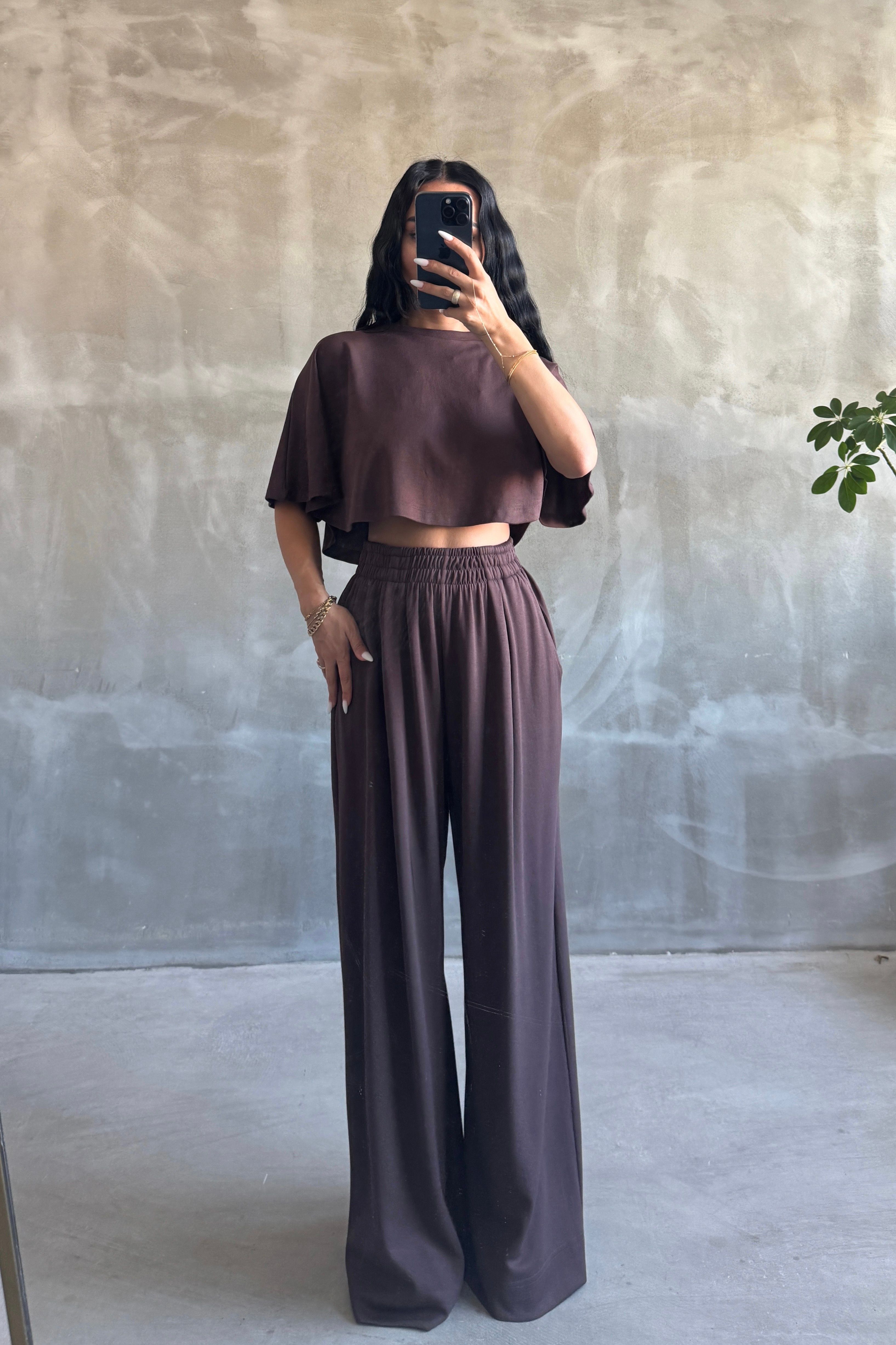 Modal Kumaş Crop Üst Bol Eşofman Takım - Haki