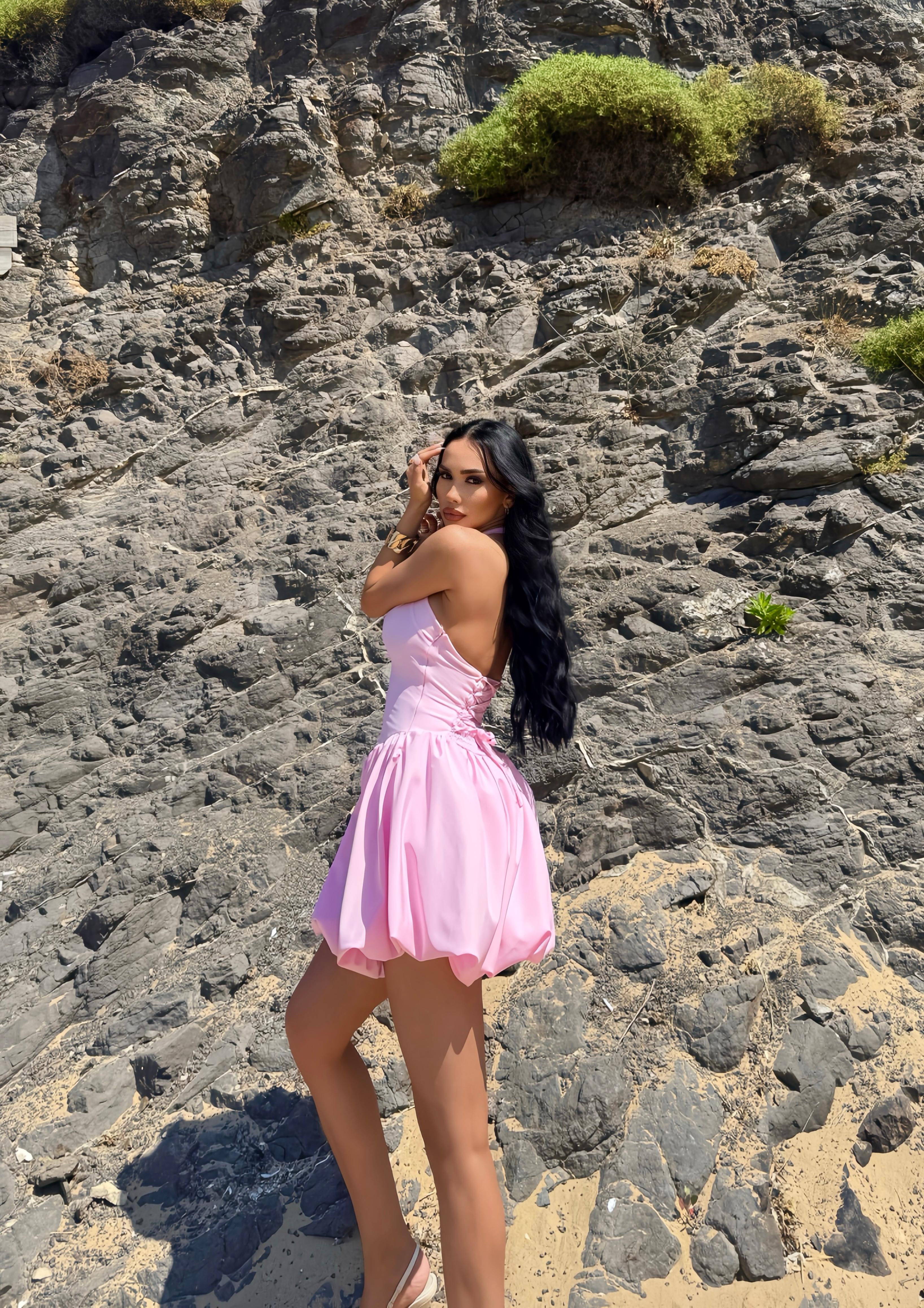 Pembe Boyundan Bağlamalı Balon Elbise