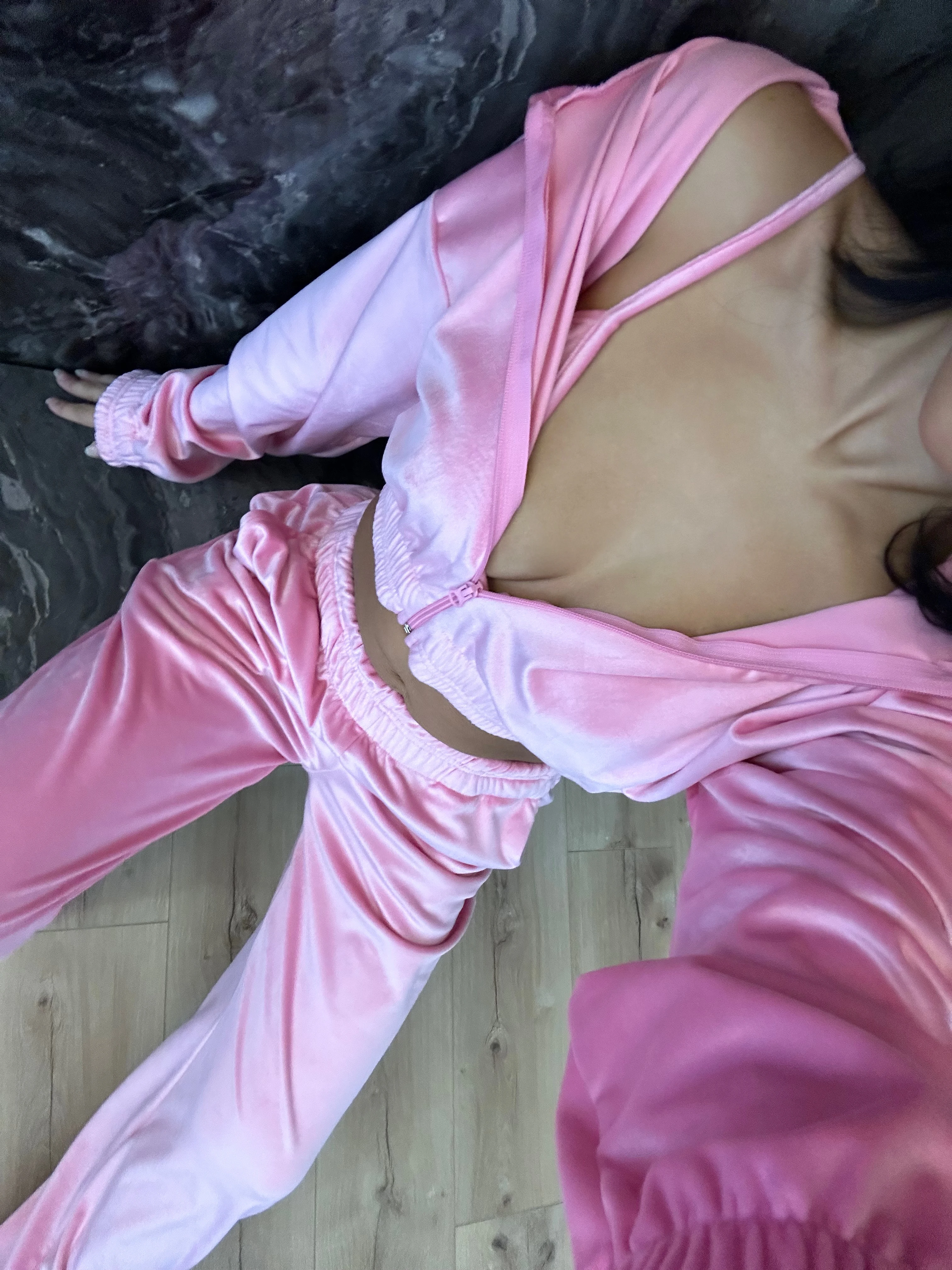 Luxe Pembe Kadife 3lü Eşofman Takım