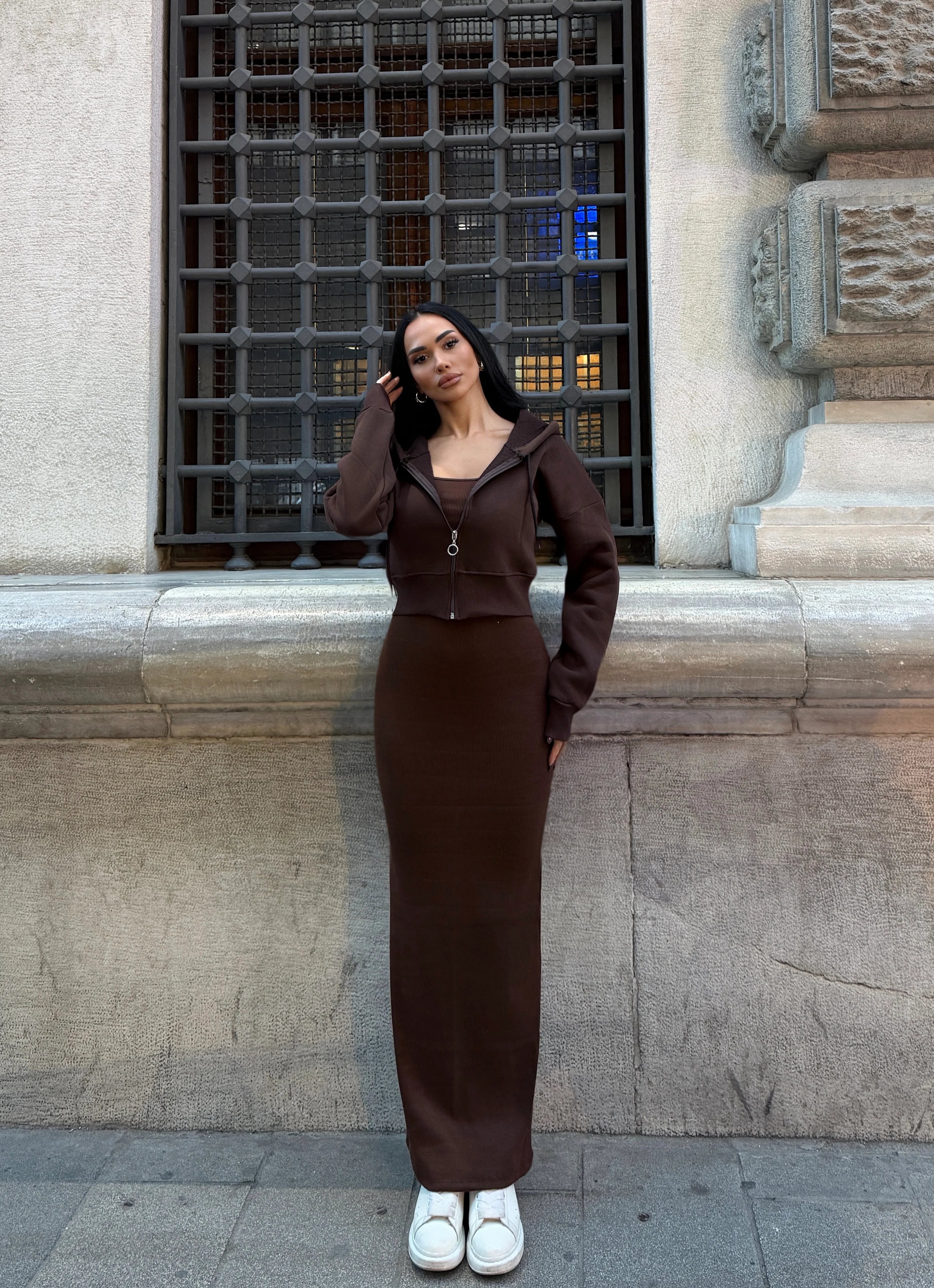 Sportif Fit Maxi Boy Hırka ve Elbise Takım - Kahverengi