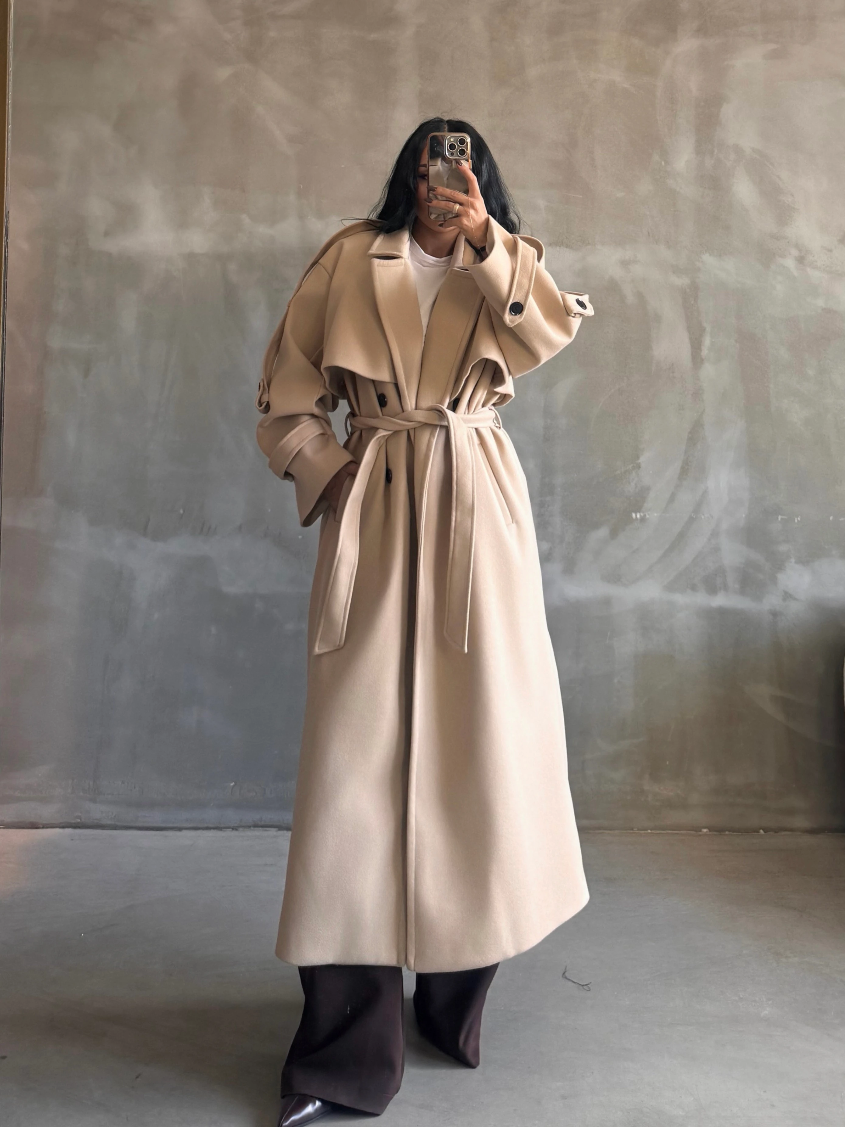 Premium Oversize Kaşe Kaban – Bej