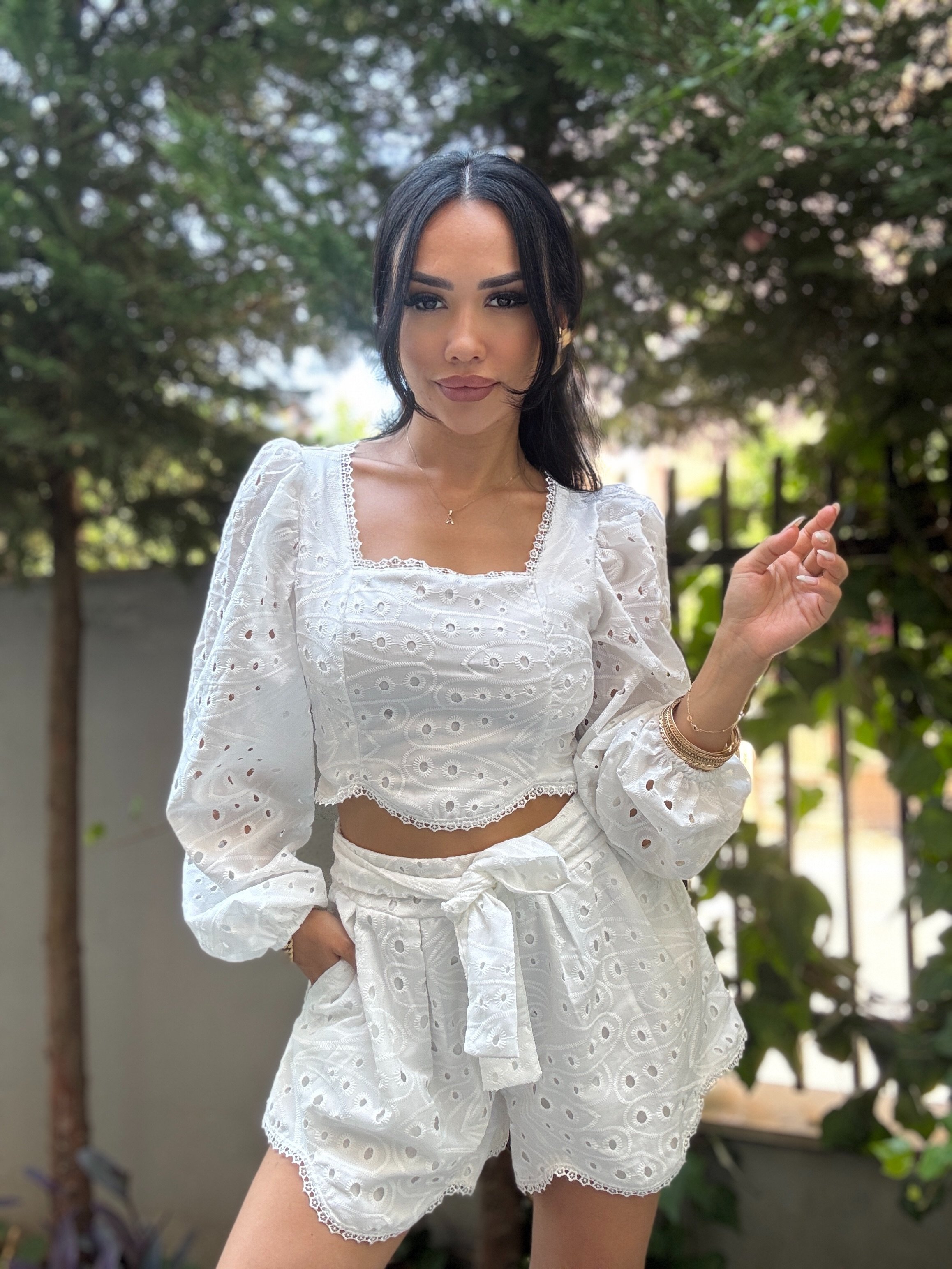 Brode Balon Kol Crop Şort Takım - Beyaz