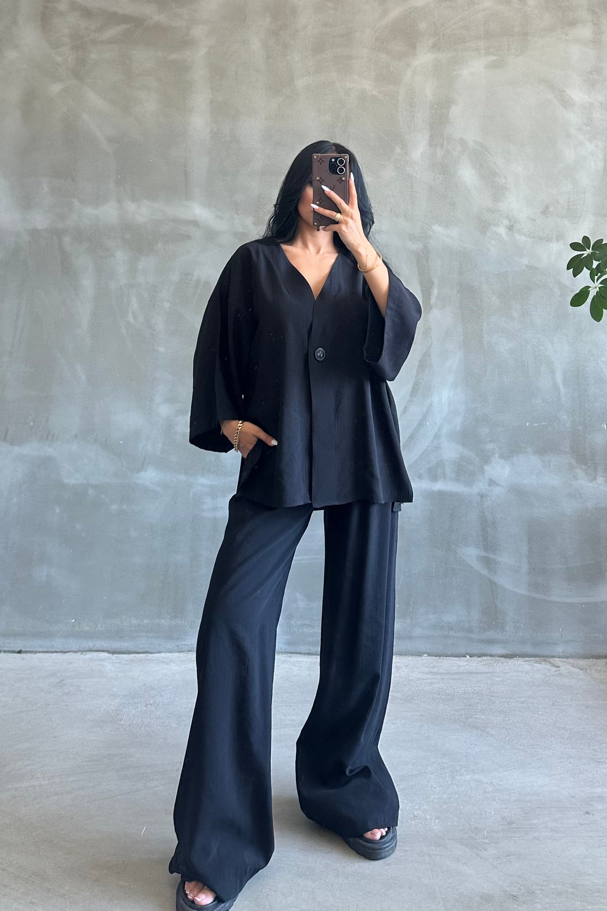 Premium Tensel Kumaş Oversize Takım - Siyah