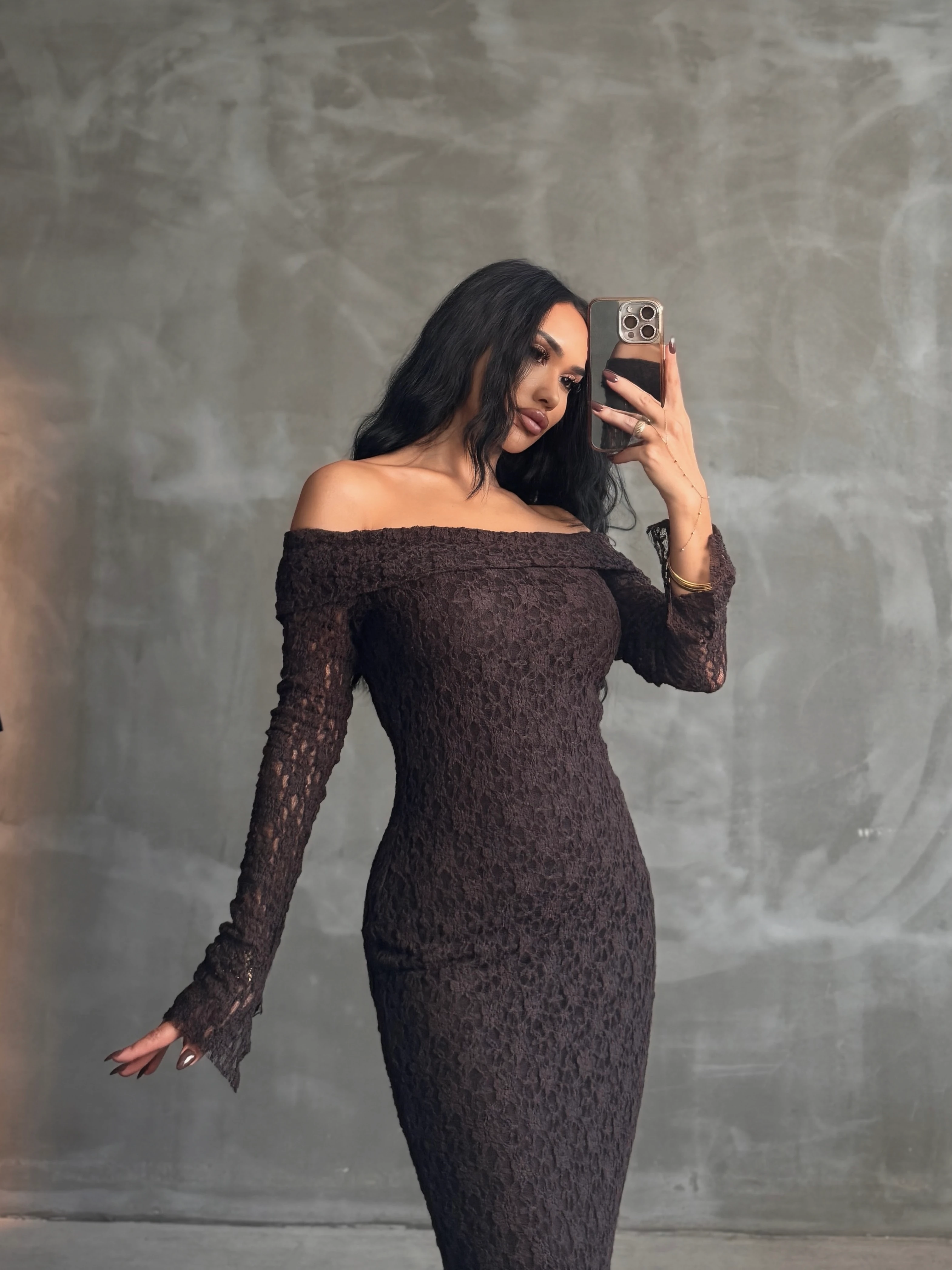 Madonna Yaka Dantel Elbise Kahverengi