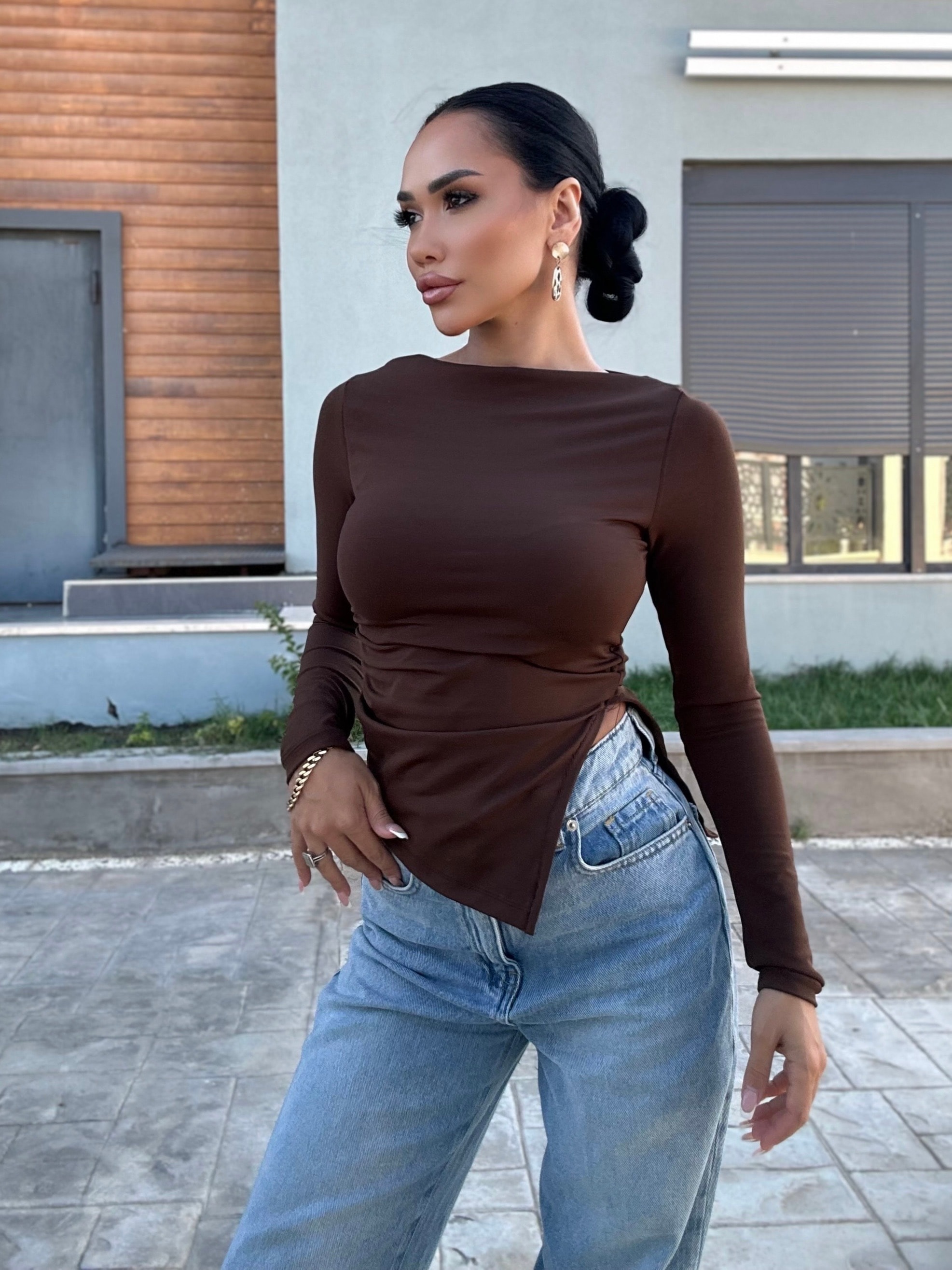 Mocha Kahverengi Line Bluz 