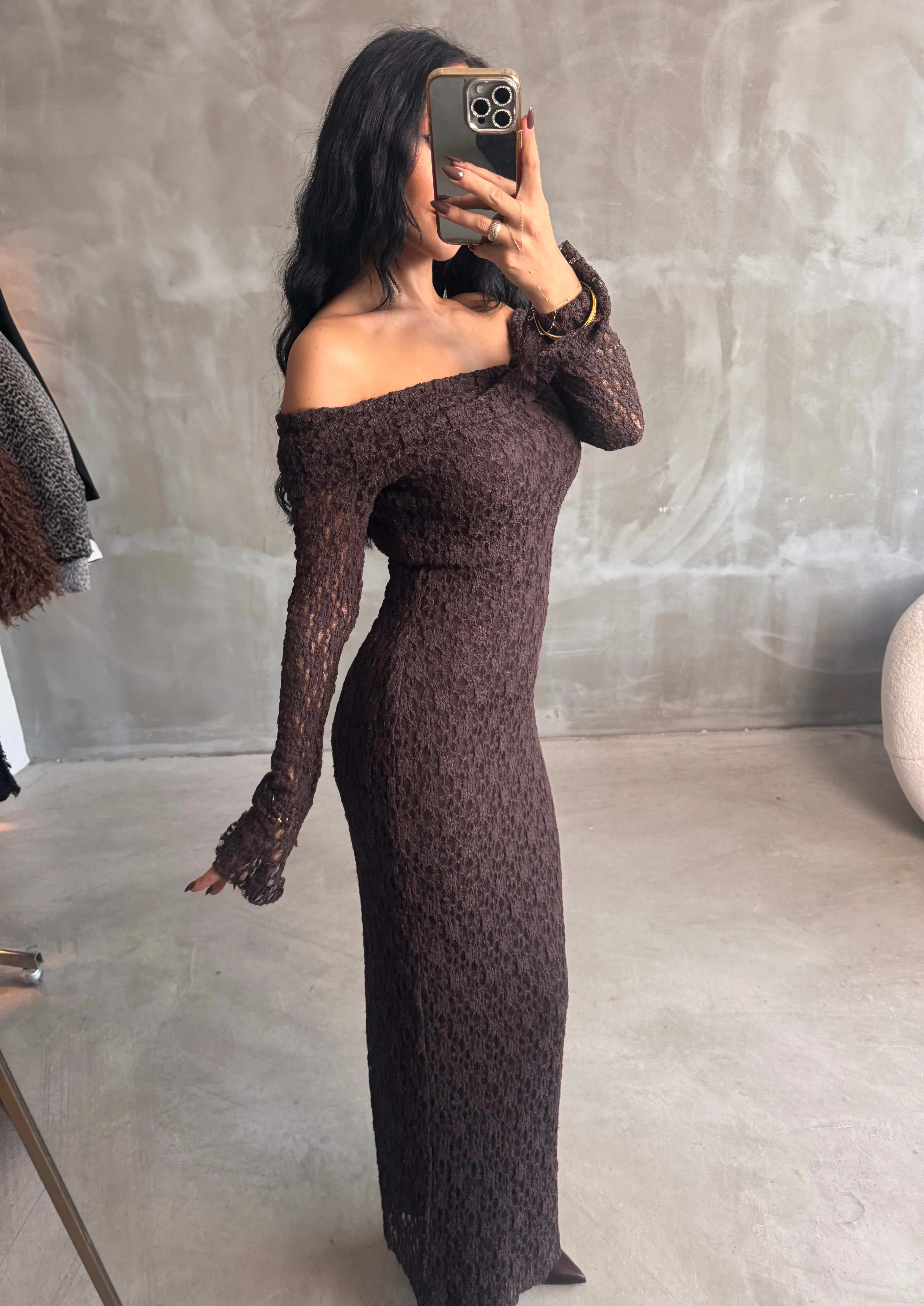 Madonna Yaka Dantel Elbise Kahverengi