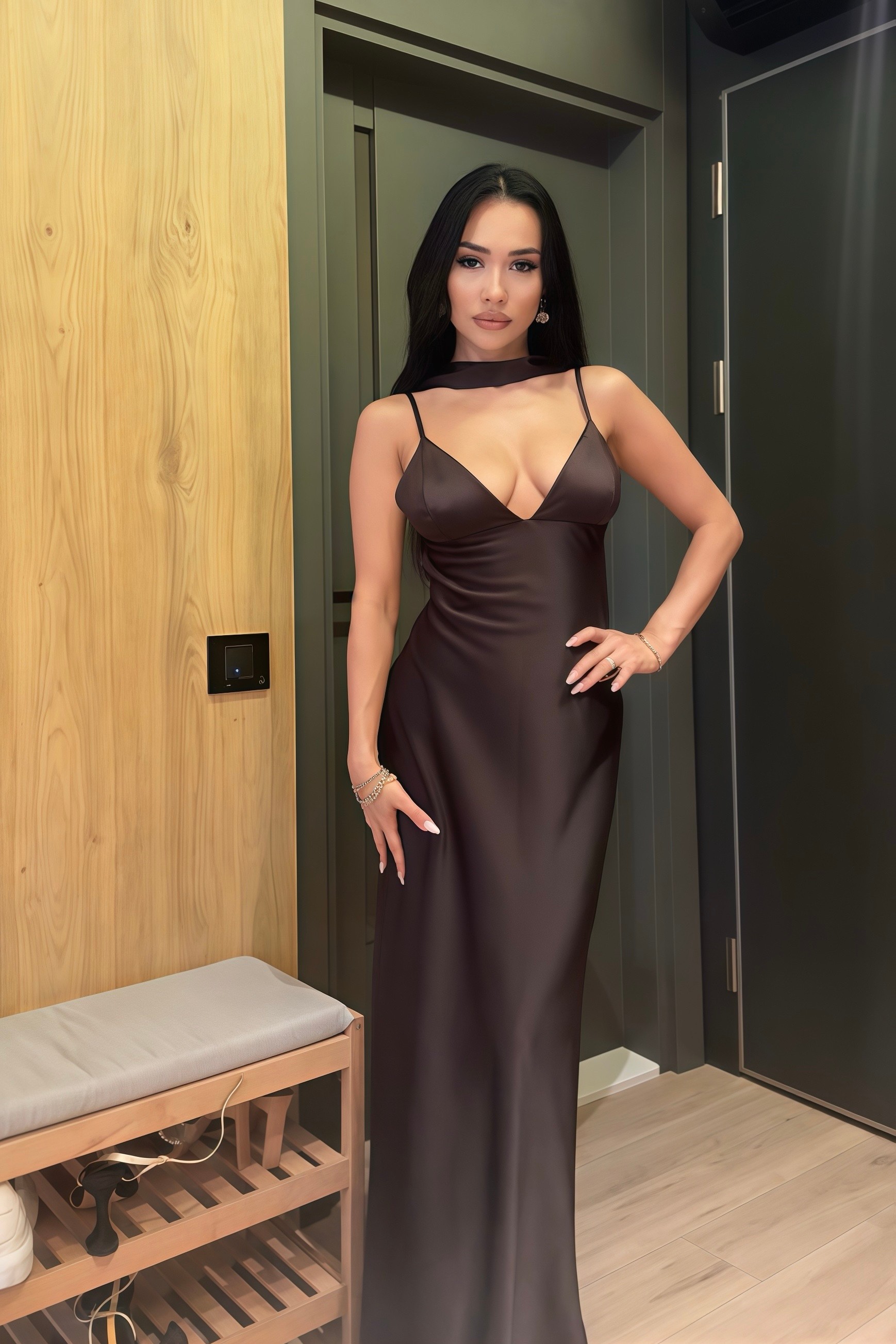 Nyx Fularlı Saten Elbise - Kahverengi