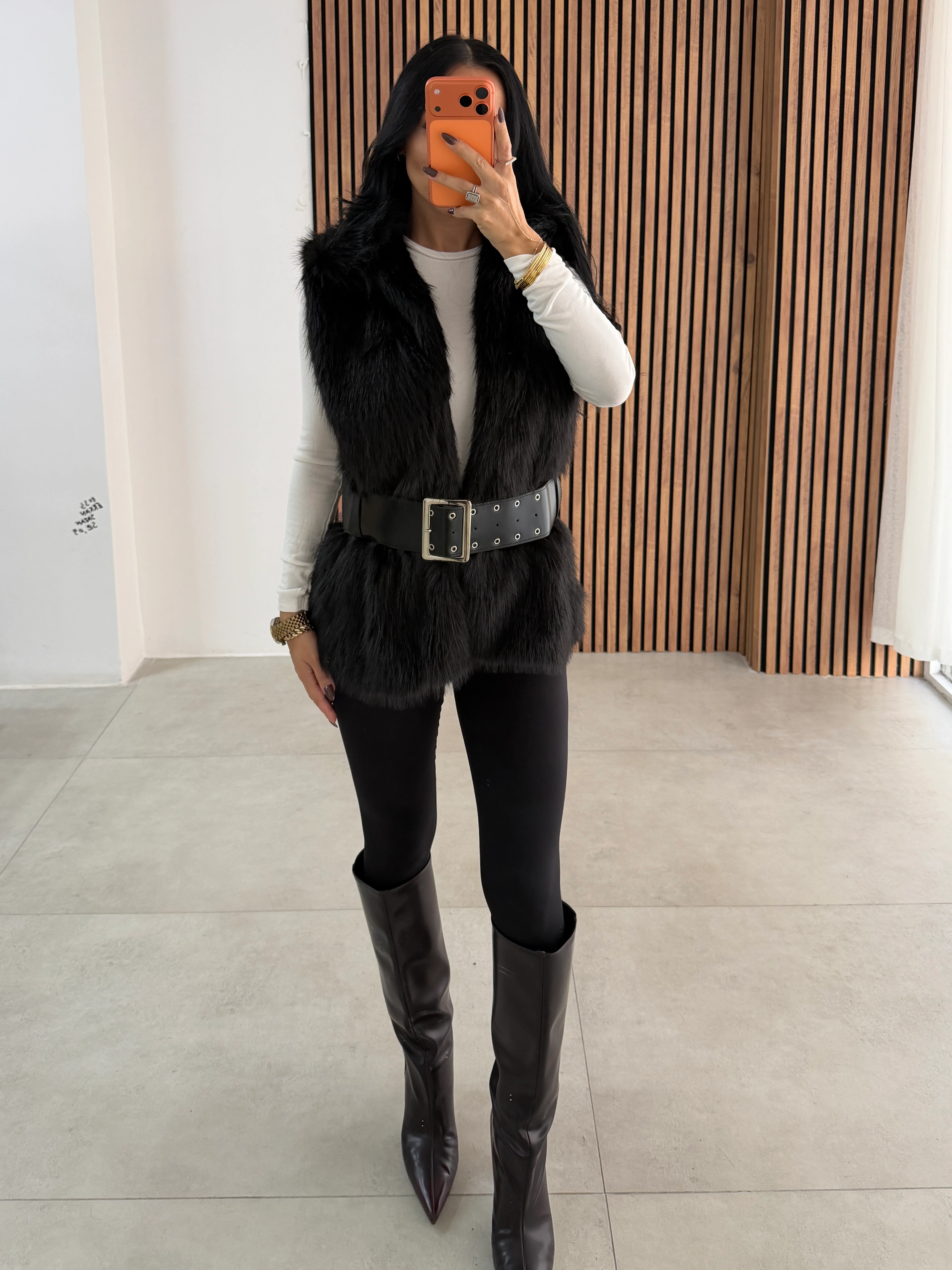 Kemerli Kürk Yelek Siyah