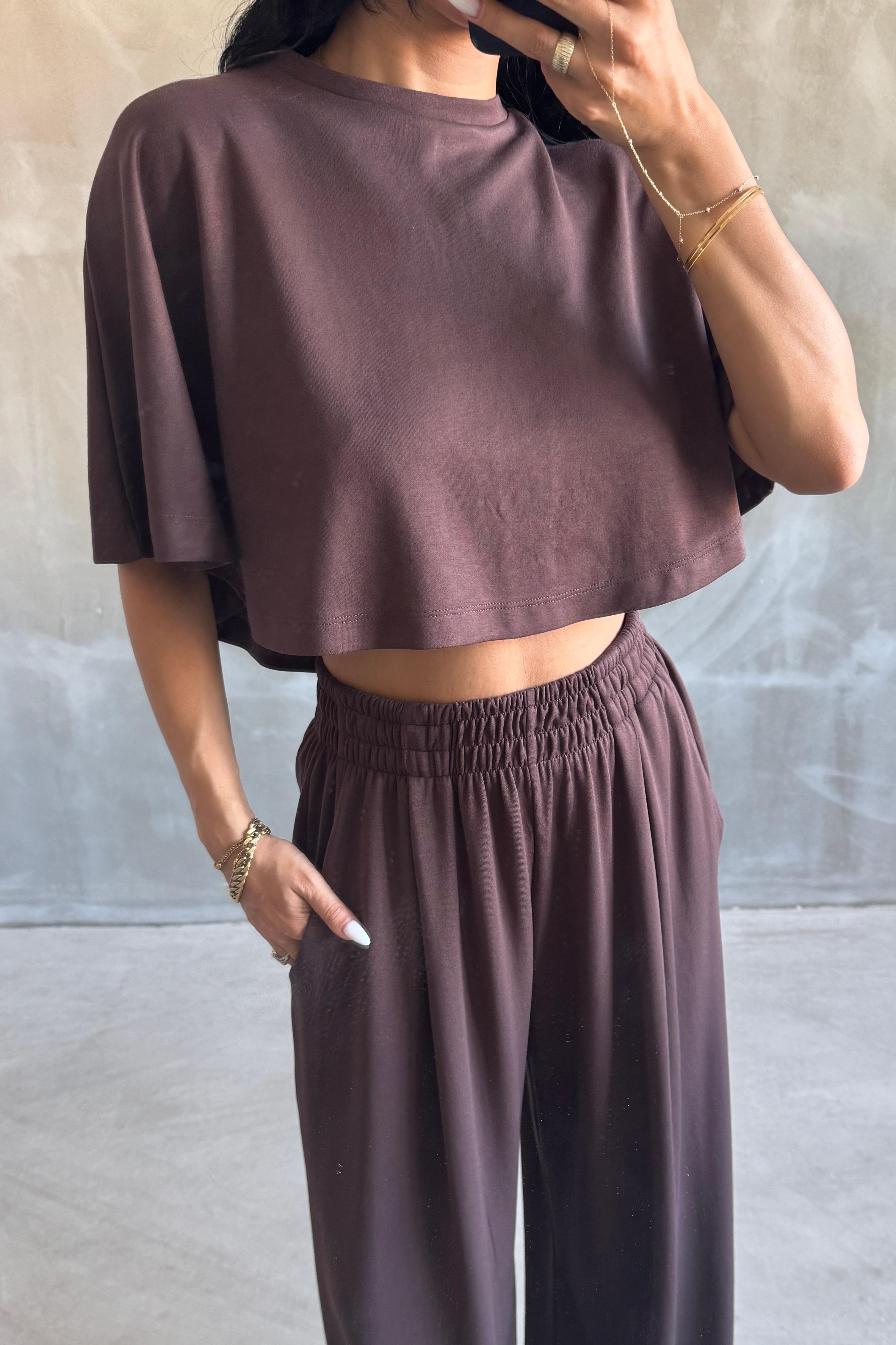 Modal Kumaş Crop Üst Bol Eşofman Takım - Kahverengi