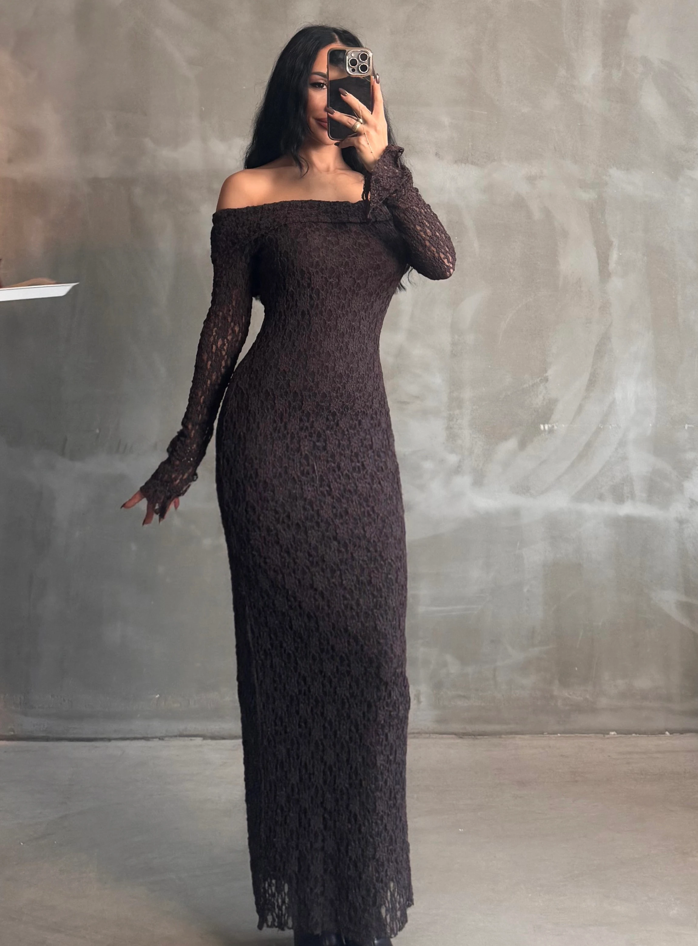 Madonna Yaka Dantel Elbise Kahverengi