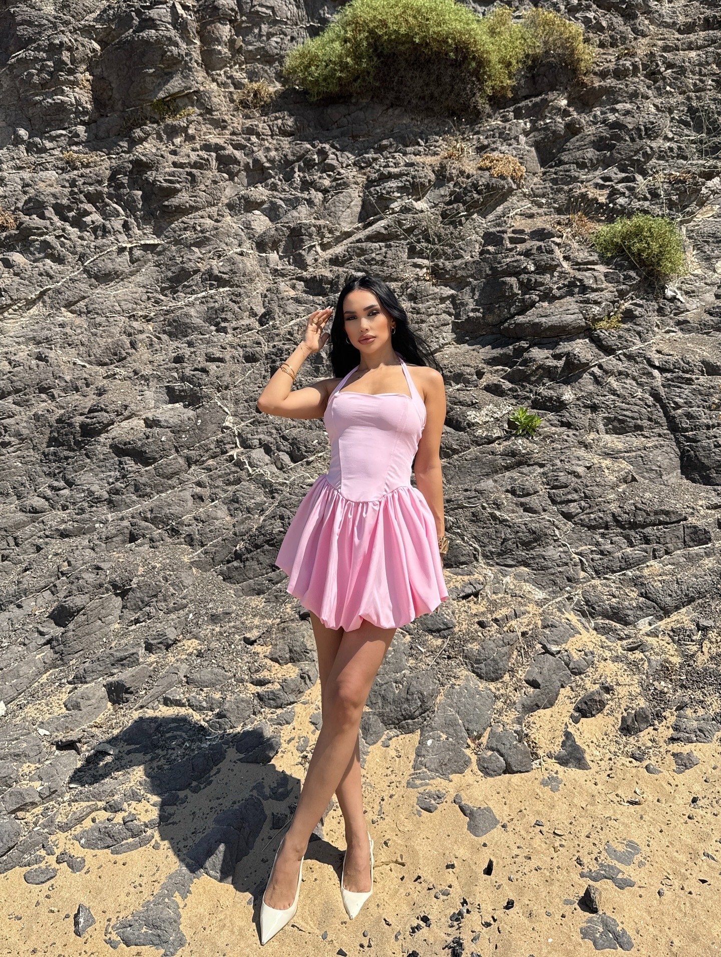 Pembe Boyundan Bağlamalı Balon Elbise
