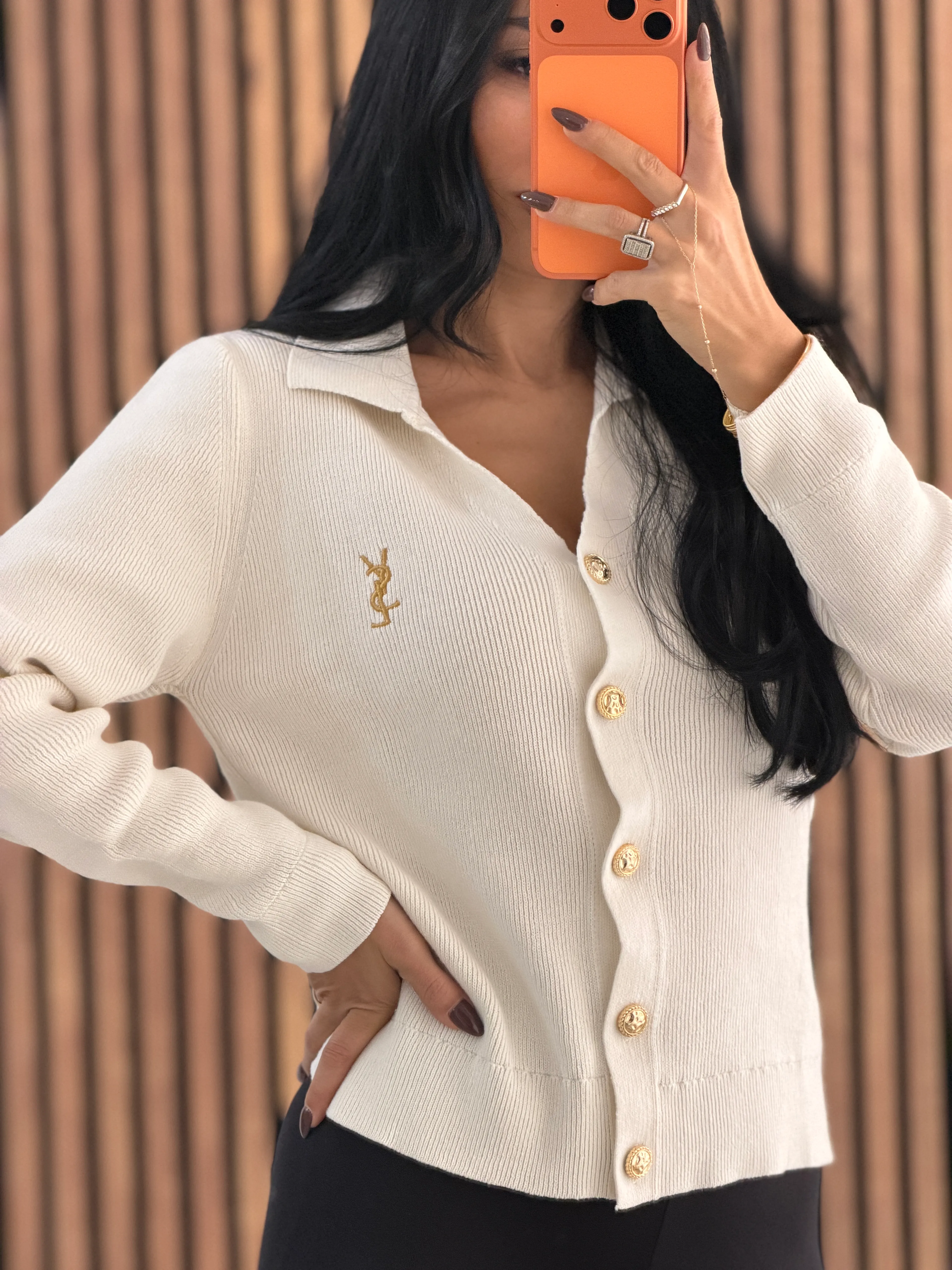 YSL Ekru Gold Düğmeli Fitilli Hırka