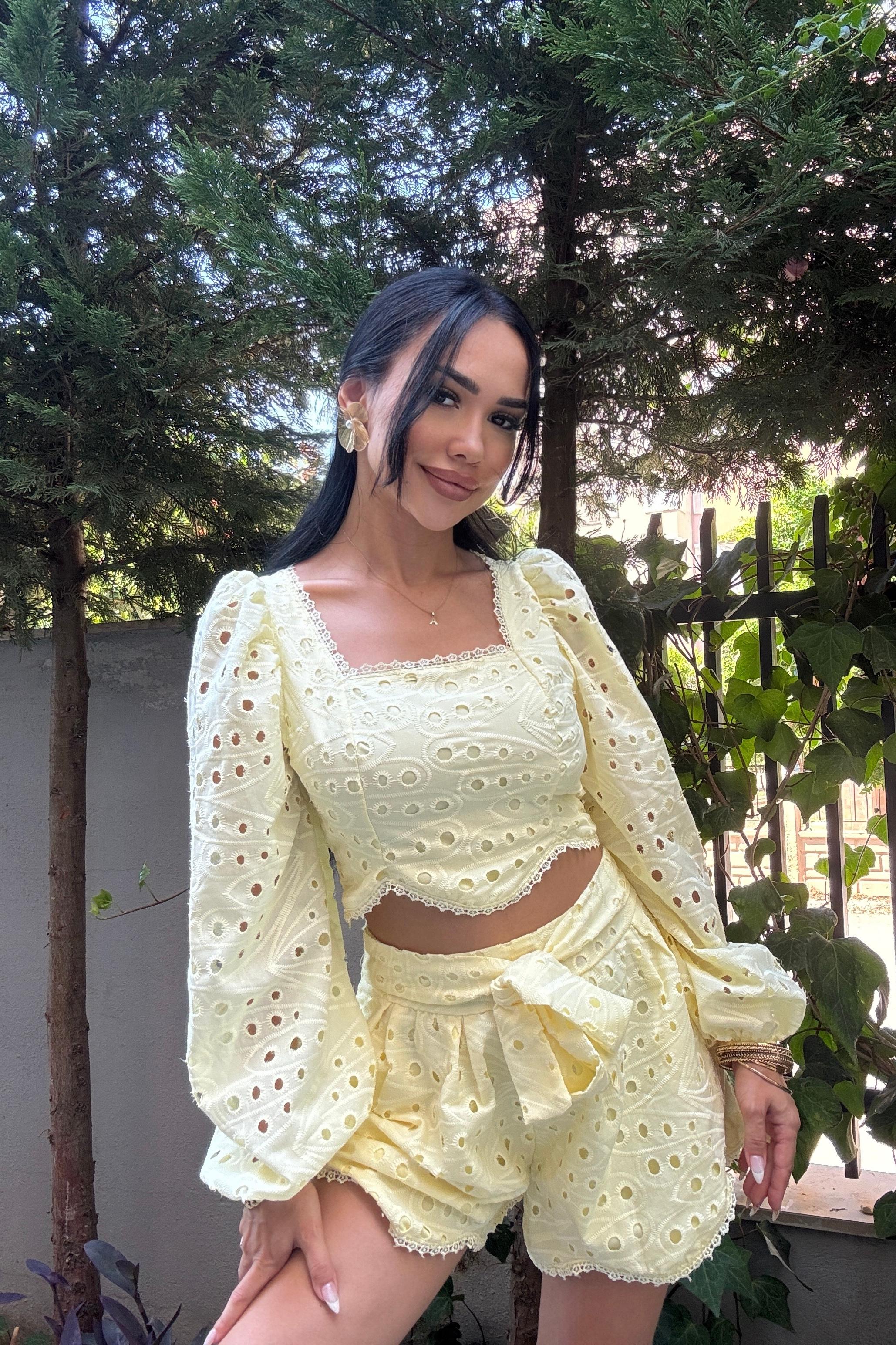 Brode Balon Kol Crop Şort Takım - Sarı