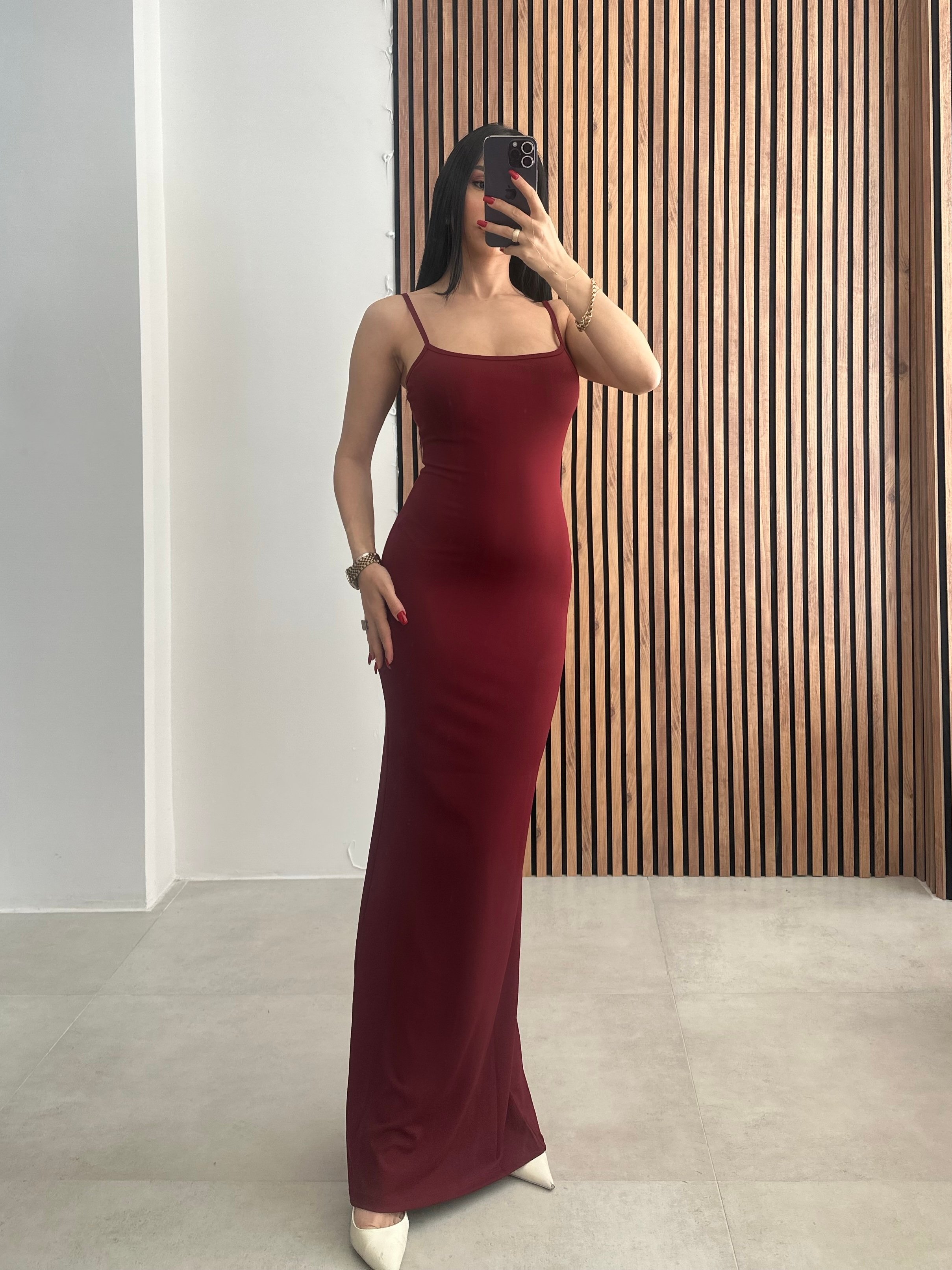 Bodycon Askılı Uzun Elbise - Bordo