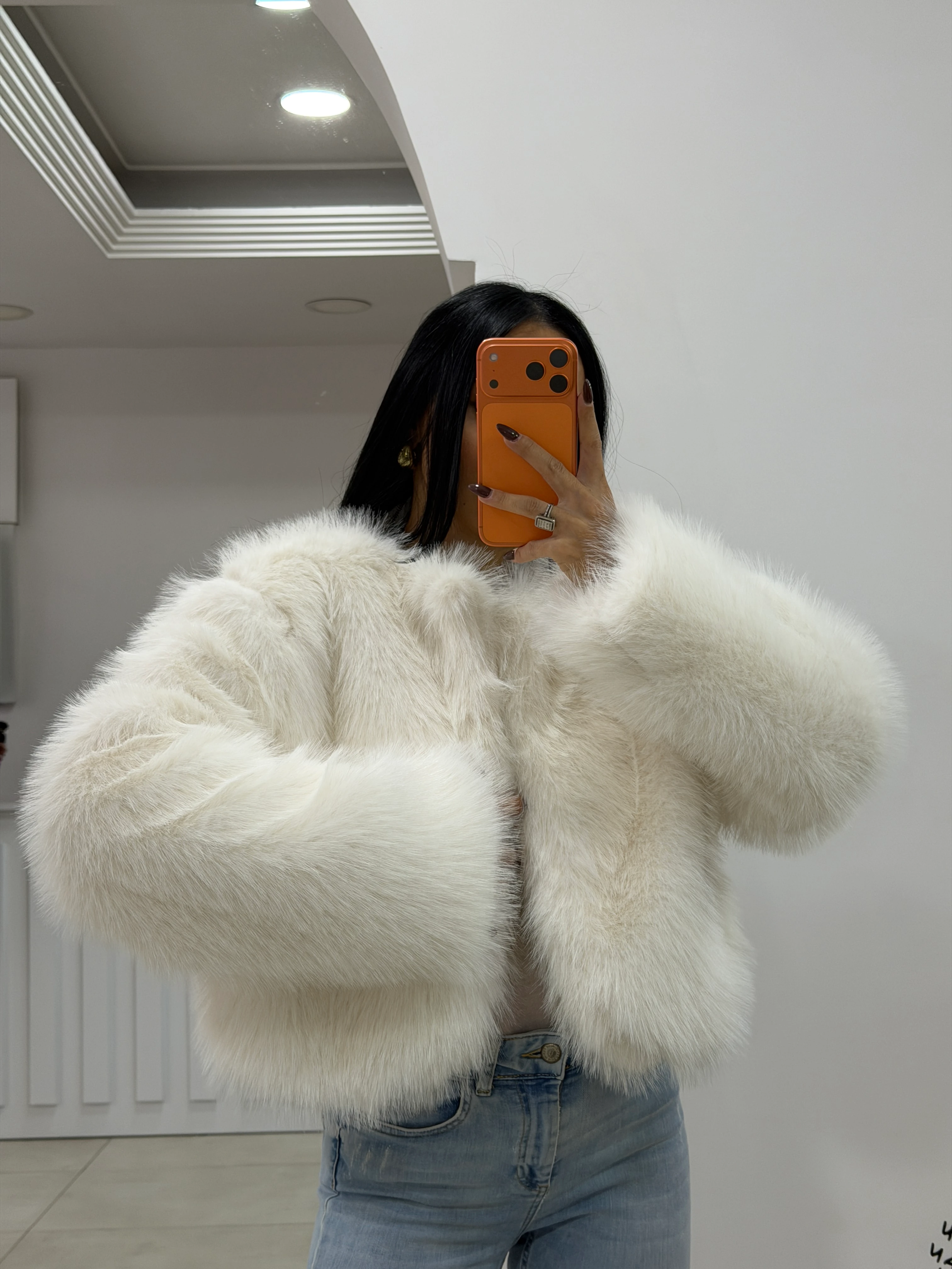 Premium Hacimli Kısa Kürk - Beyaz