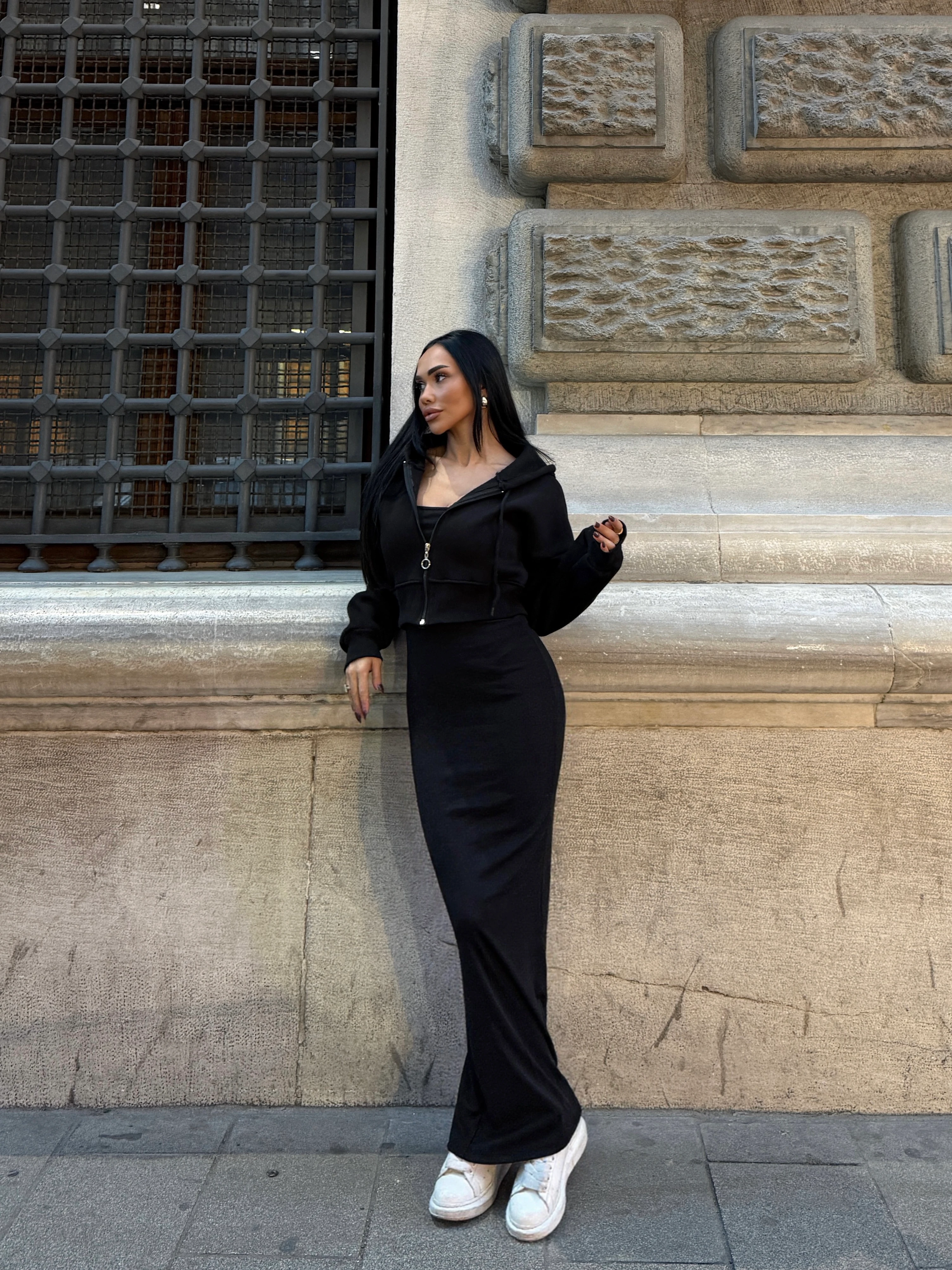 Sportif Fit Maxi Boy Hırka ve Elbise Takım - Siyah