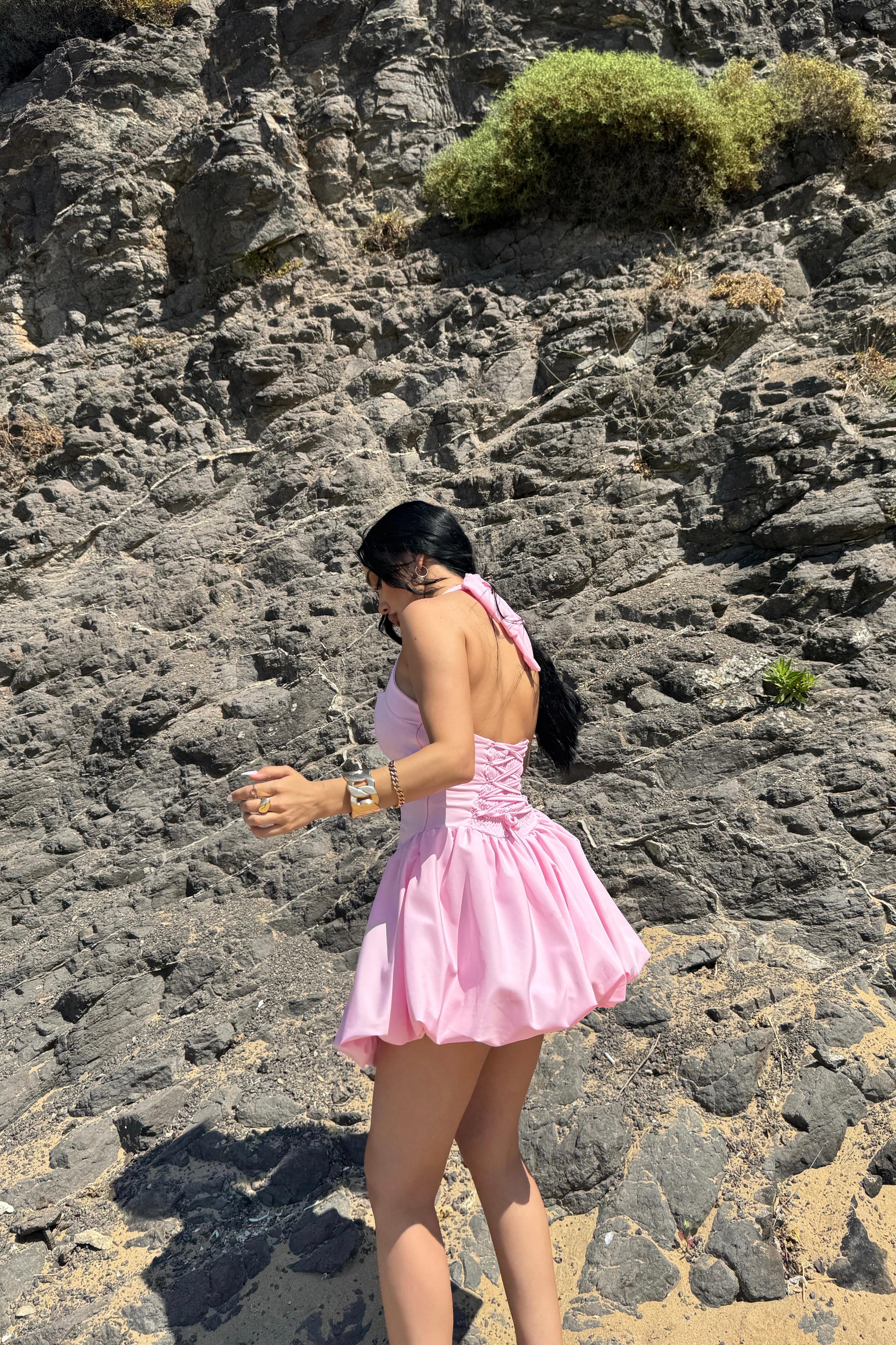 Pembe Boyundan Bağlamalı Balon Elbise