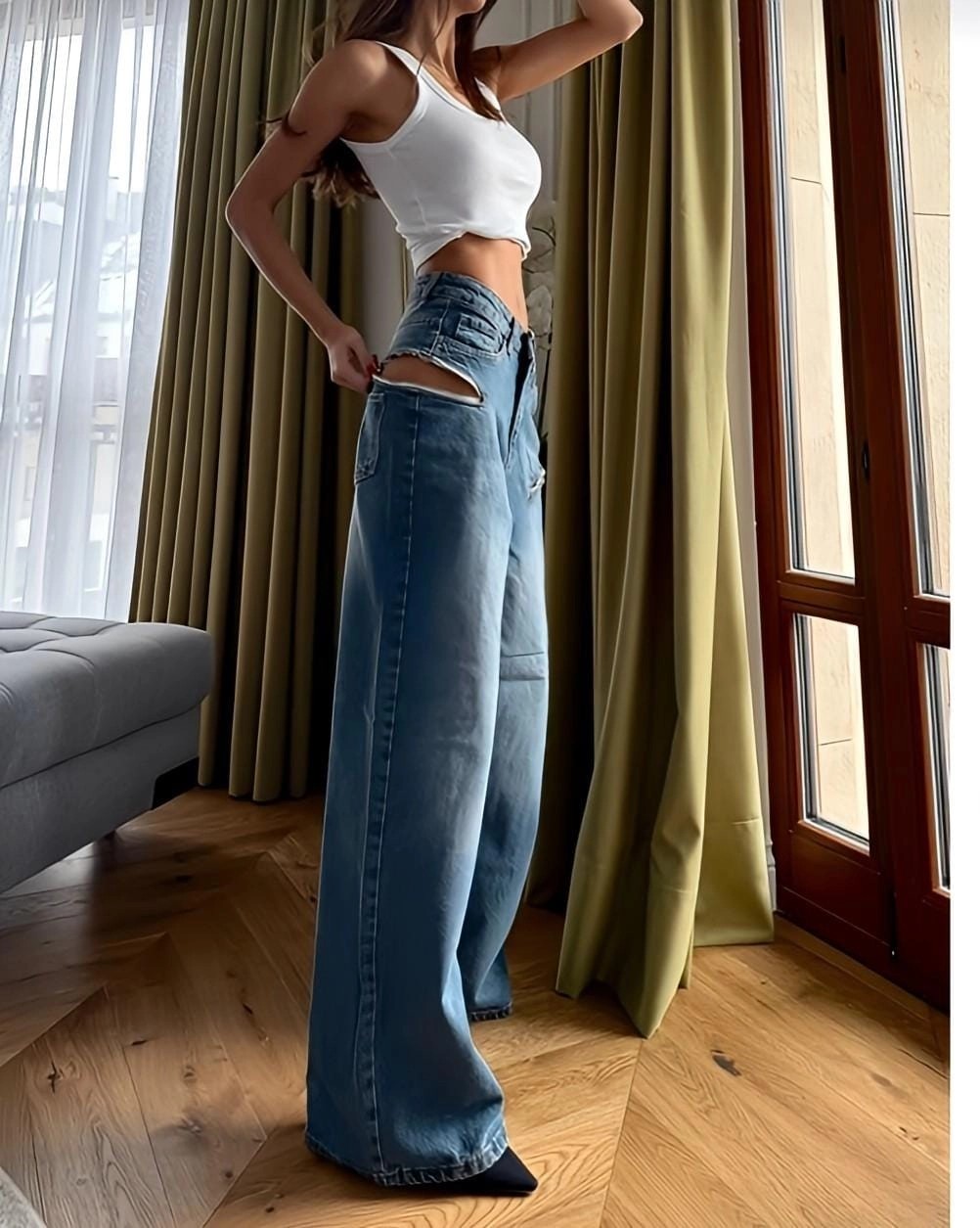 Fermuar Detaylı Denim Pantolon