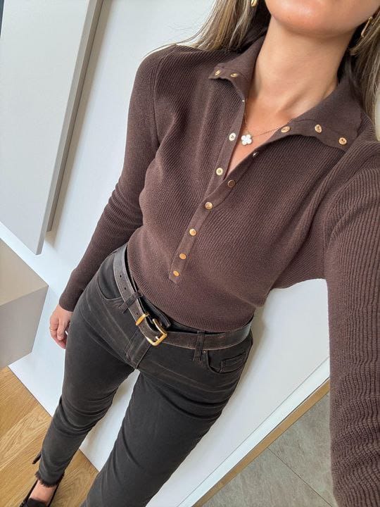 PAMUK TRİKO DÜĞMELİ BODY BLUZ - Kahve