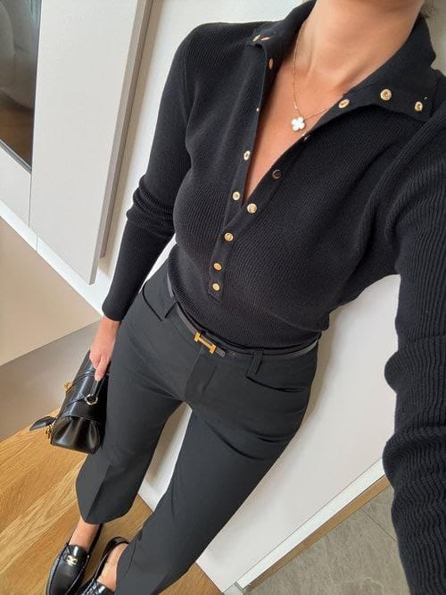 PAMUK TRİKO DÜĞMELİ BODY BLUZ - Siyah