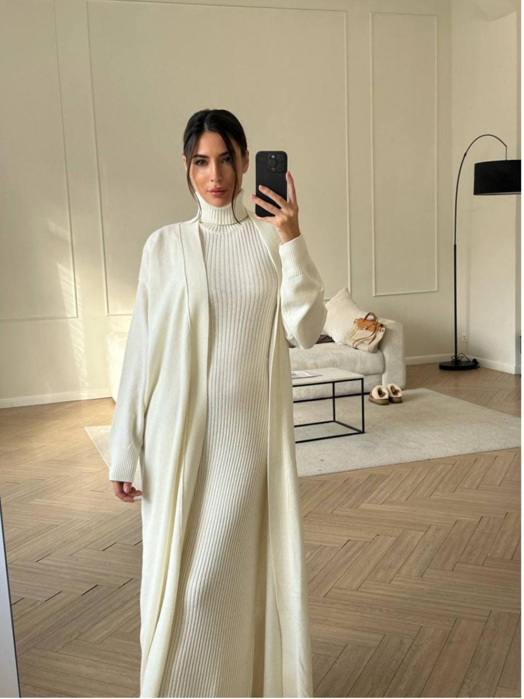 BALIKÇI YAKA ELBİSE HIRKALI TAKIM - Ekru