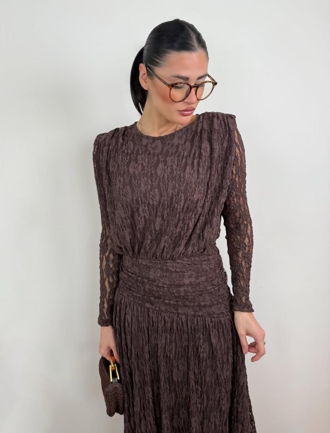 DRAPE ASTARLI DANTEL ELBİSE - Kahve