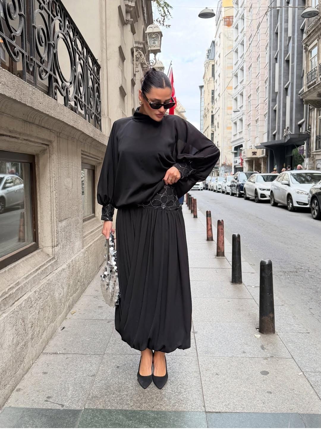 YORYO ŞİFON AKSESUARLI BALON ETEK TAKIM - Siyah