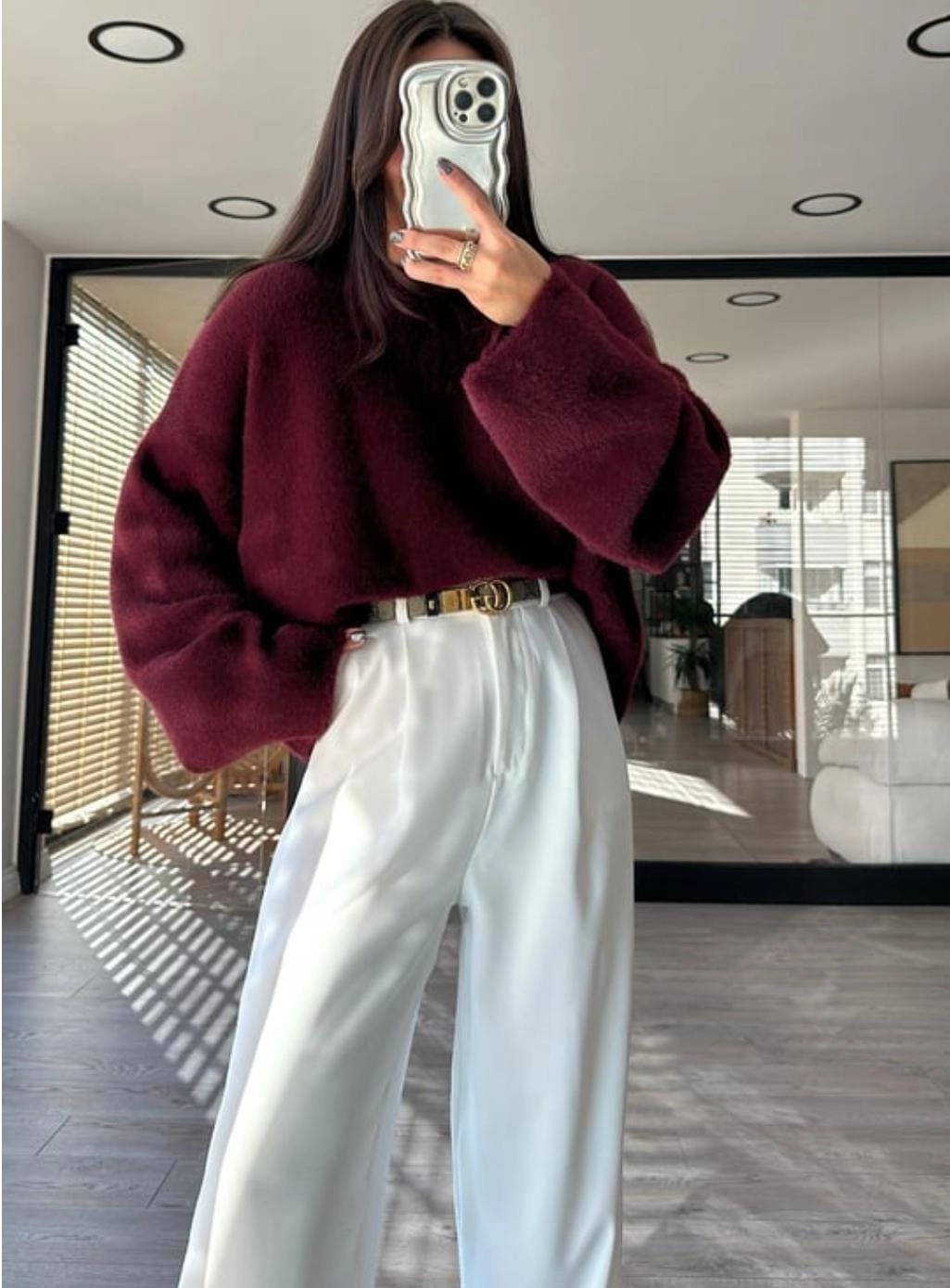 Geniş Kol Detaylı Marka Model Yumoş Bordo Kazak