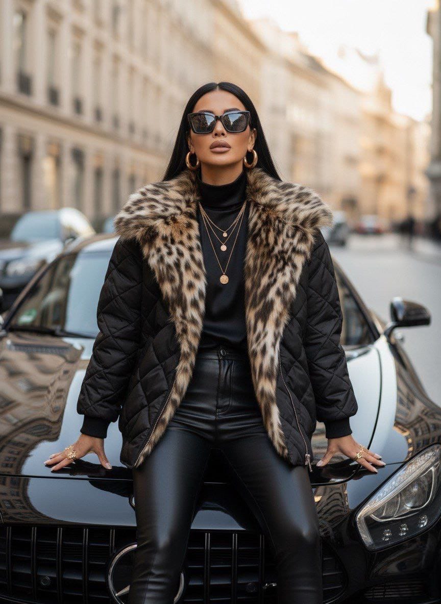 KAPİTONE LEOPAR KÜRK DETAYLI  MONT