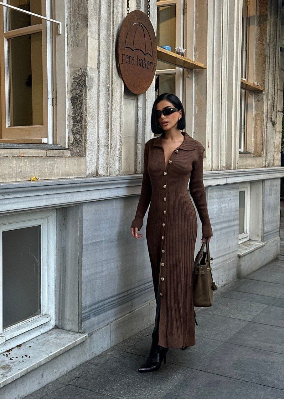 TRİKO MAXİ ELBİSE - Kahve