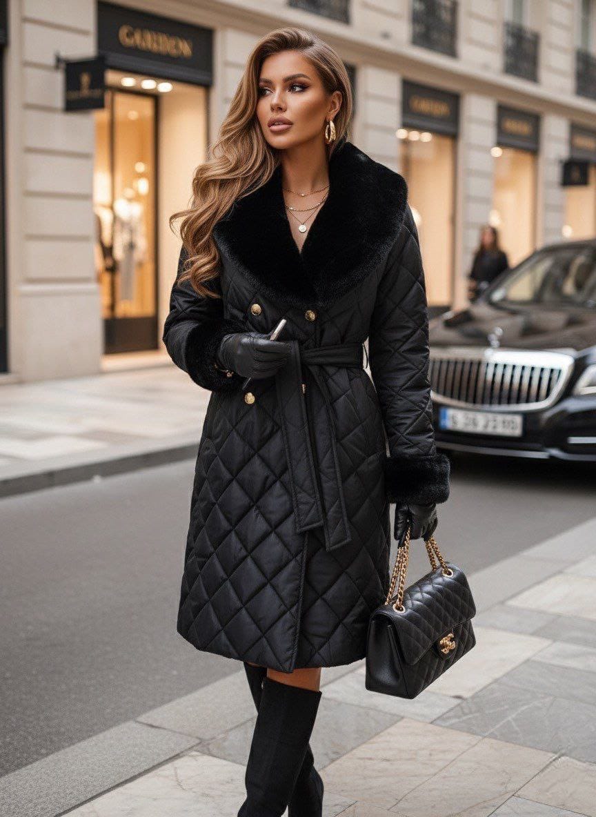 KÜRK DETAYLI KAPİTONE  KABAN - Siyah