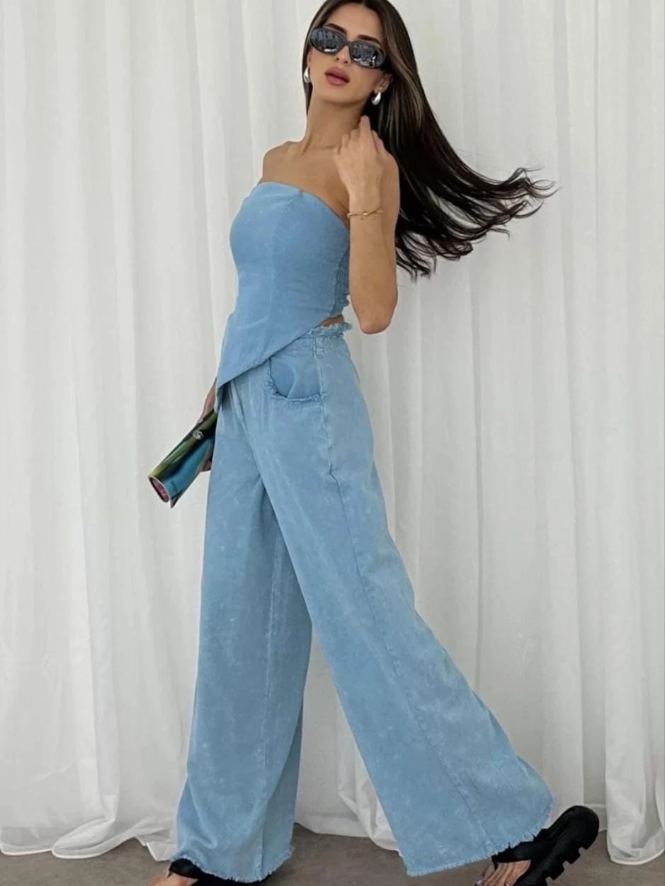 Premium pamuklu Denim Crop Takim