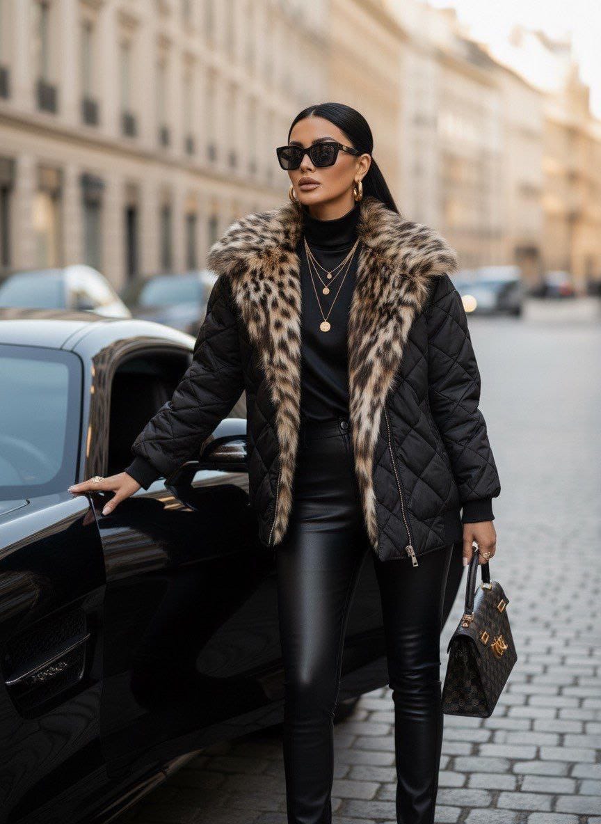 KAPİTONE LEOPAR KÜRK DETAYLI  MONT