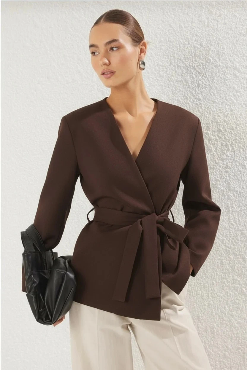 KRUVAZE ASTARLI KUŞAKLI DOKUMA BLAZER CEKET - Kahve