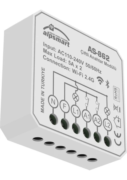ALPSMART AS-862 Akıllı WiFi Çiftli Duvar Anahtarı Modülü Tuya Uyumlu