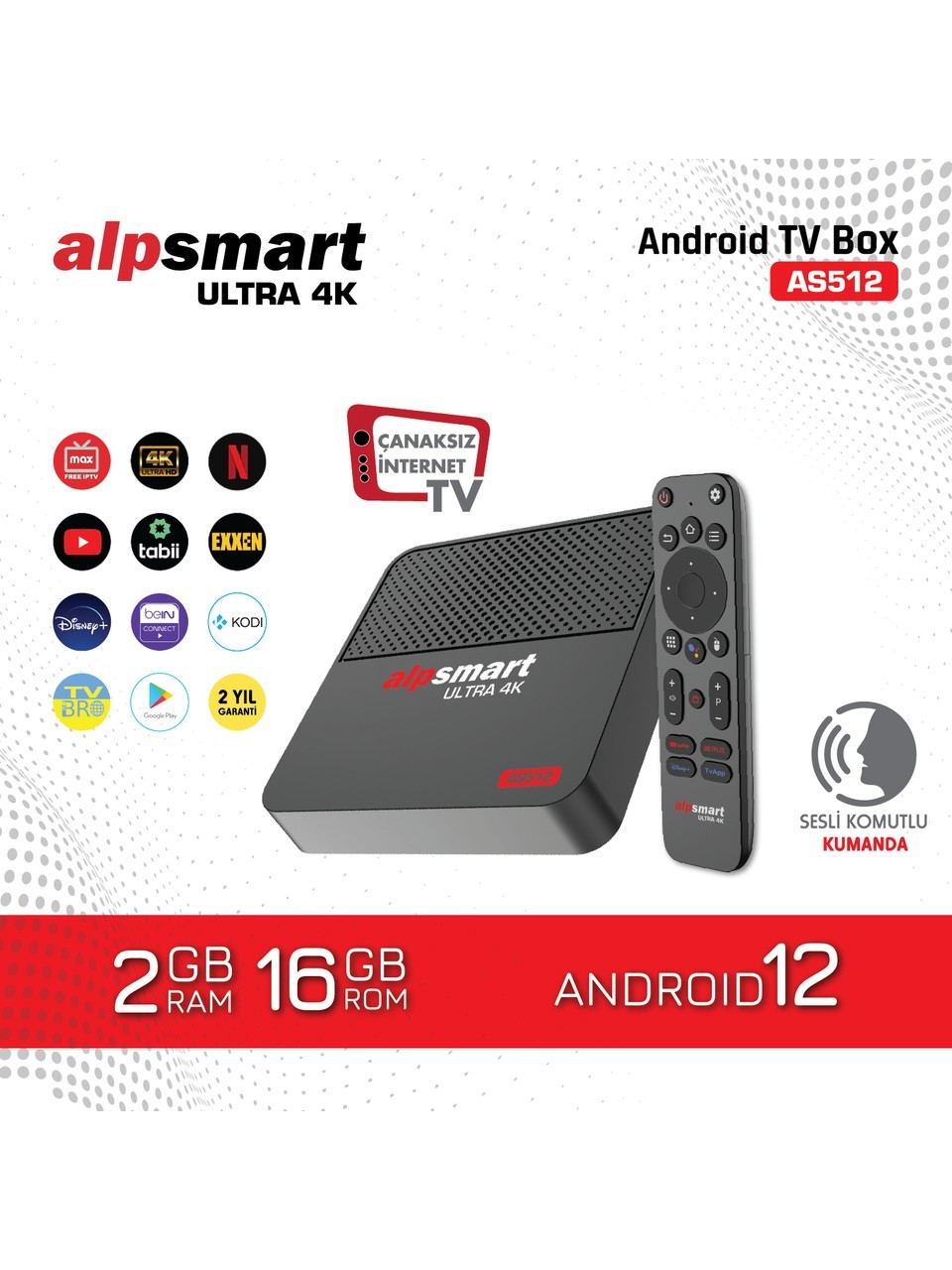 Alpsmart AS512 Android Tv Box Ses Komutlu Kumandalı 2GB Ram 16 GB Hafıza Android 12