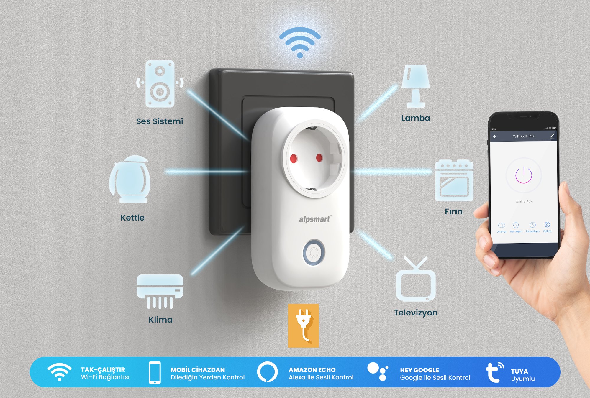 ALPSMART As816 Eu Wifi Akıllı Priz Uzaktan Kontrollü Tuya Destekli 16a